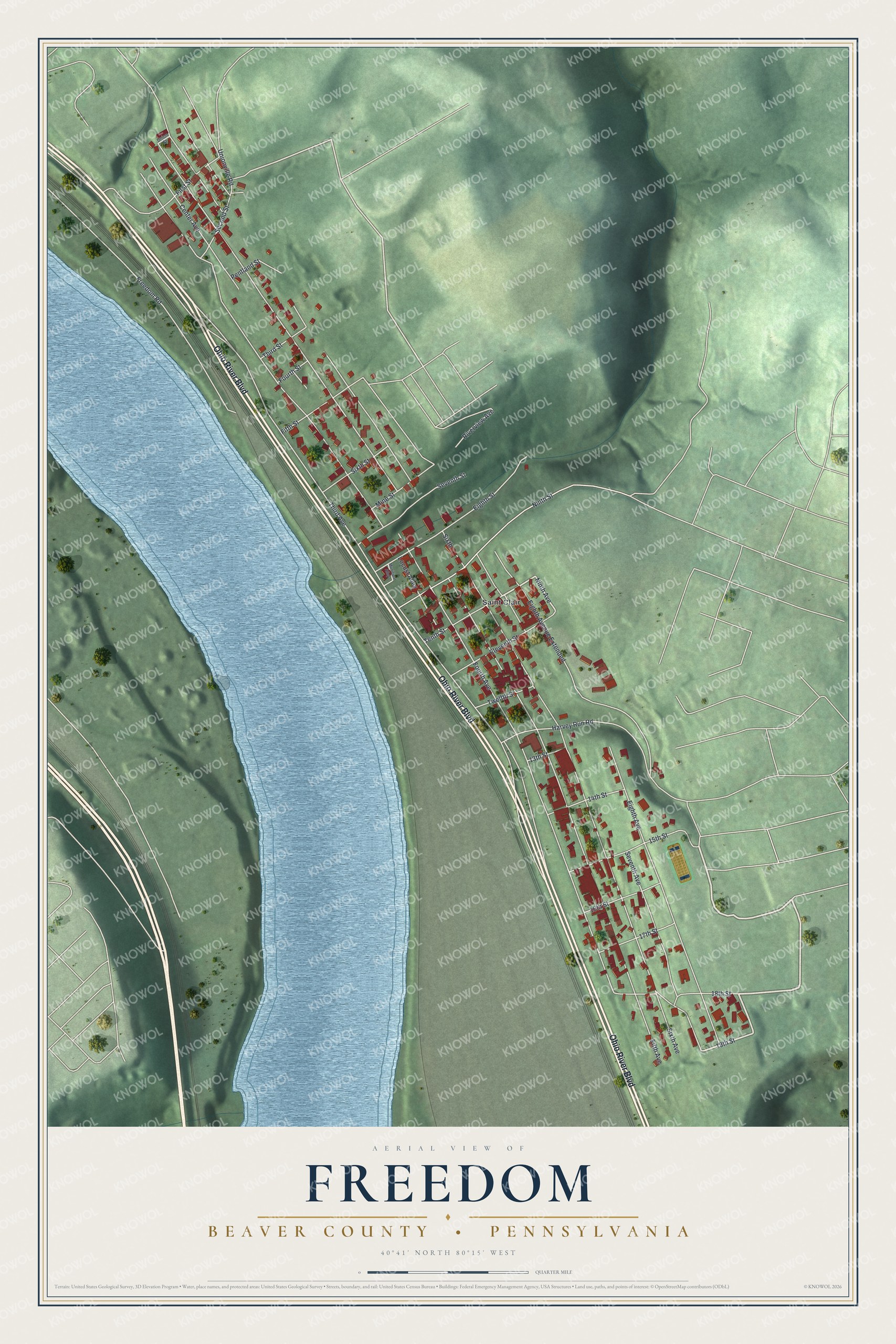 Full map of Freedom, Beaver County, Pennsylvania, with red buildings, printed street names and the land around them