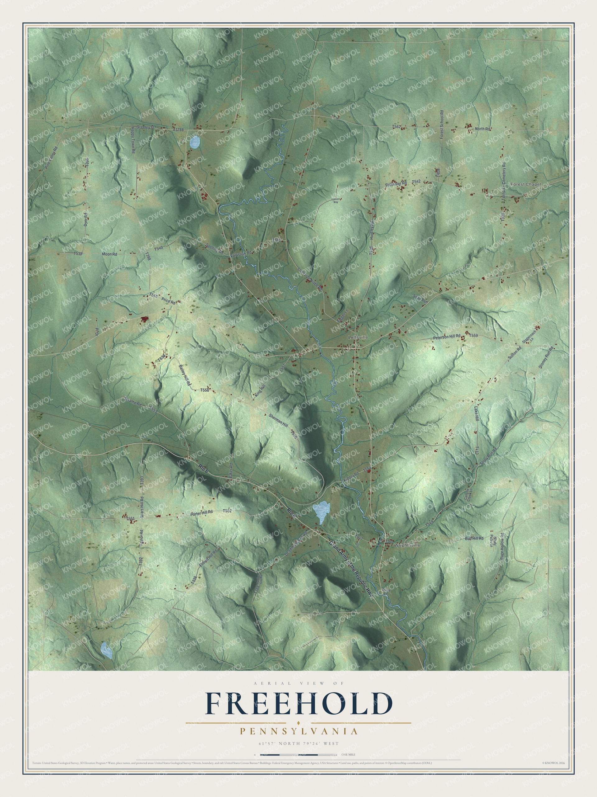 Full map of Freehold, Pennsylvania, with red buildings, printed street names and the land around them