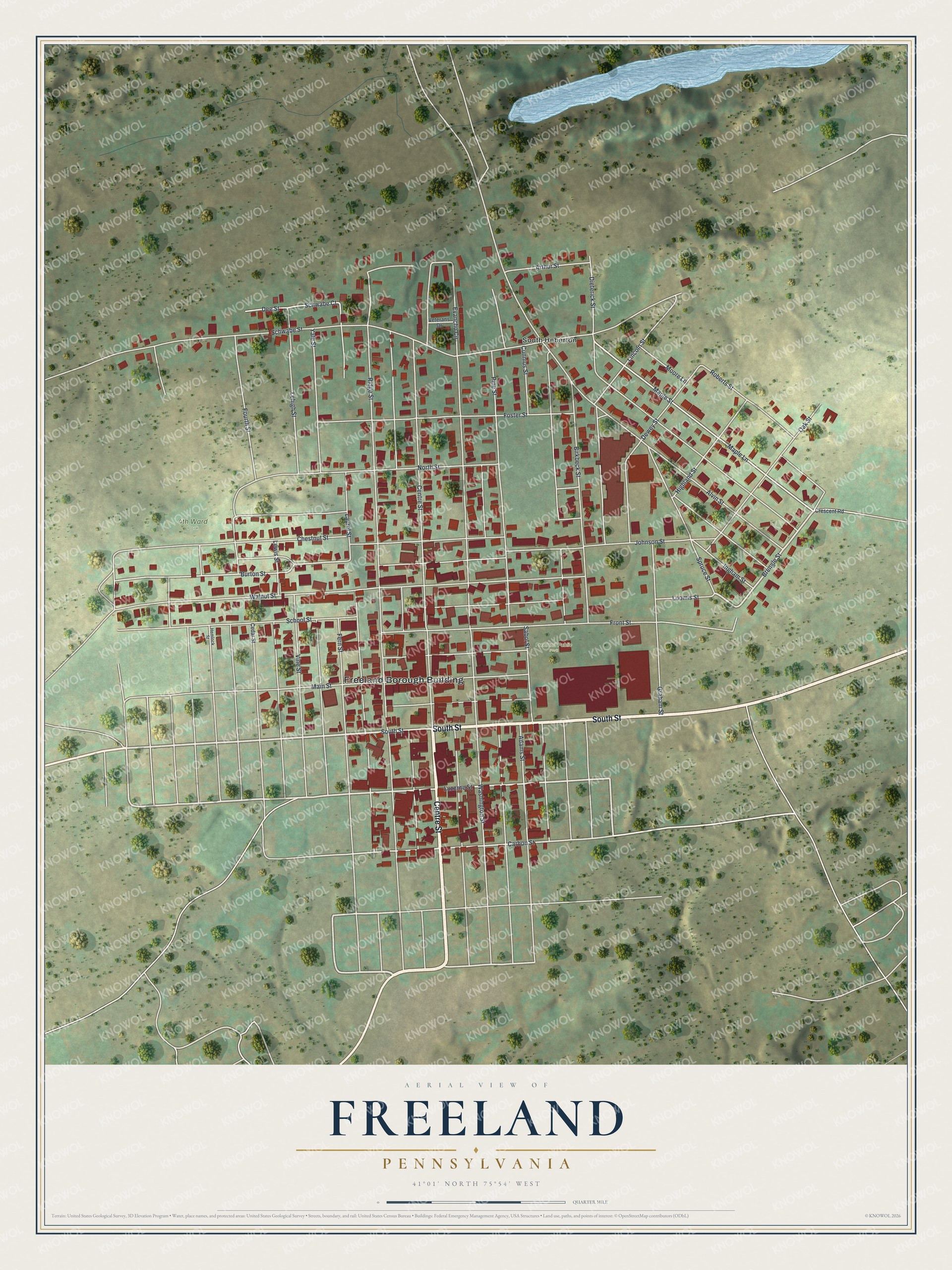 Full map of Freeland, Pennsylvania, with red buildings, printed street names and the land around them