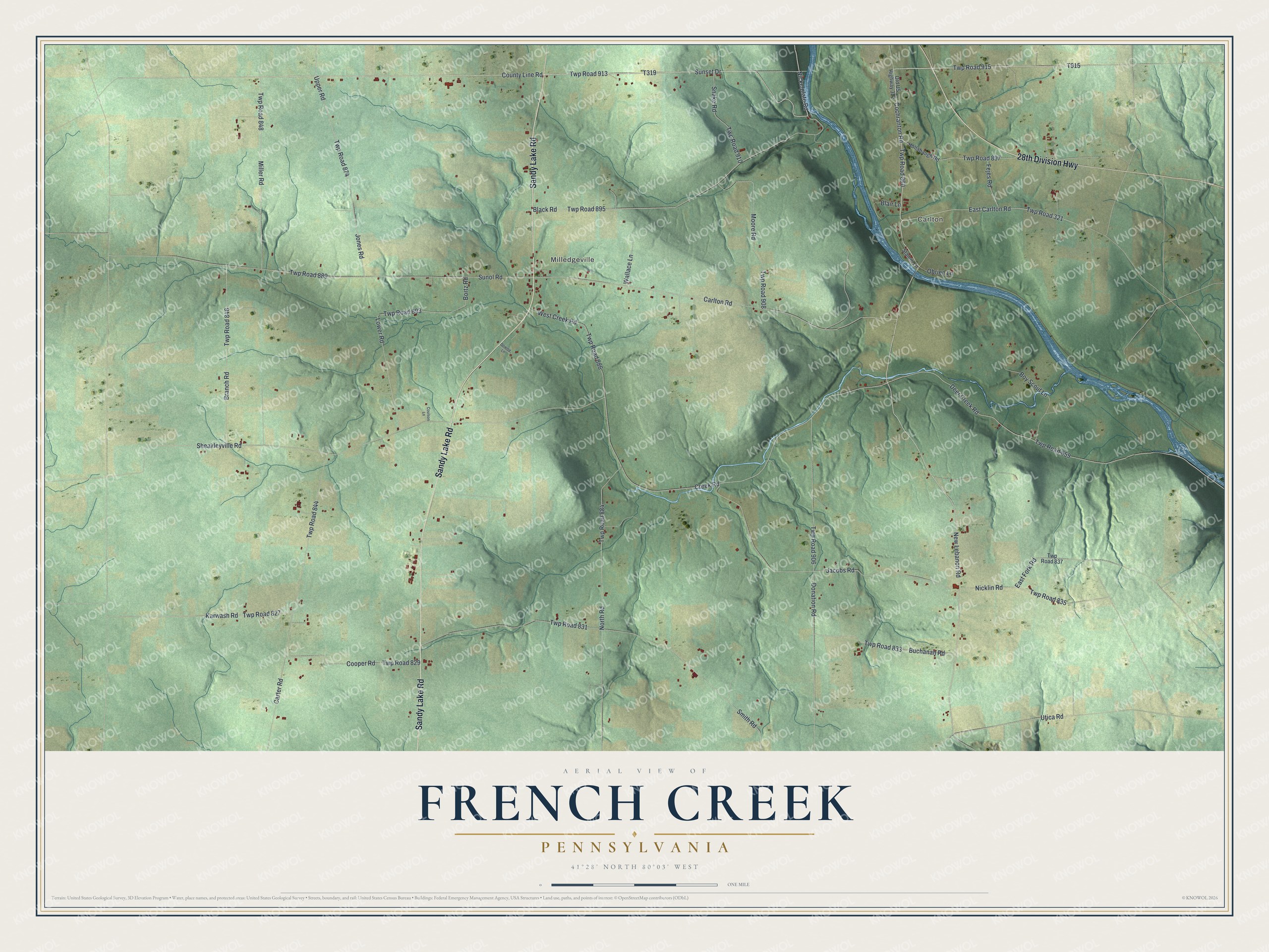 Full map of French Creek, Pennsylvania, with red buildings, printed street names and the land around them