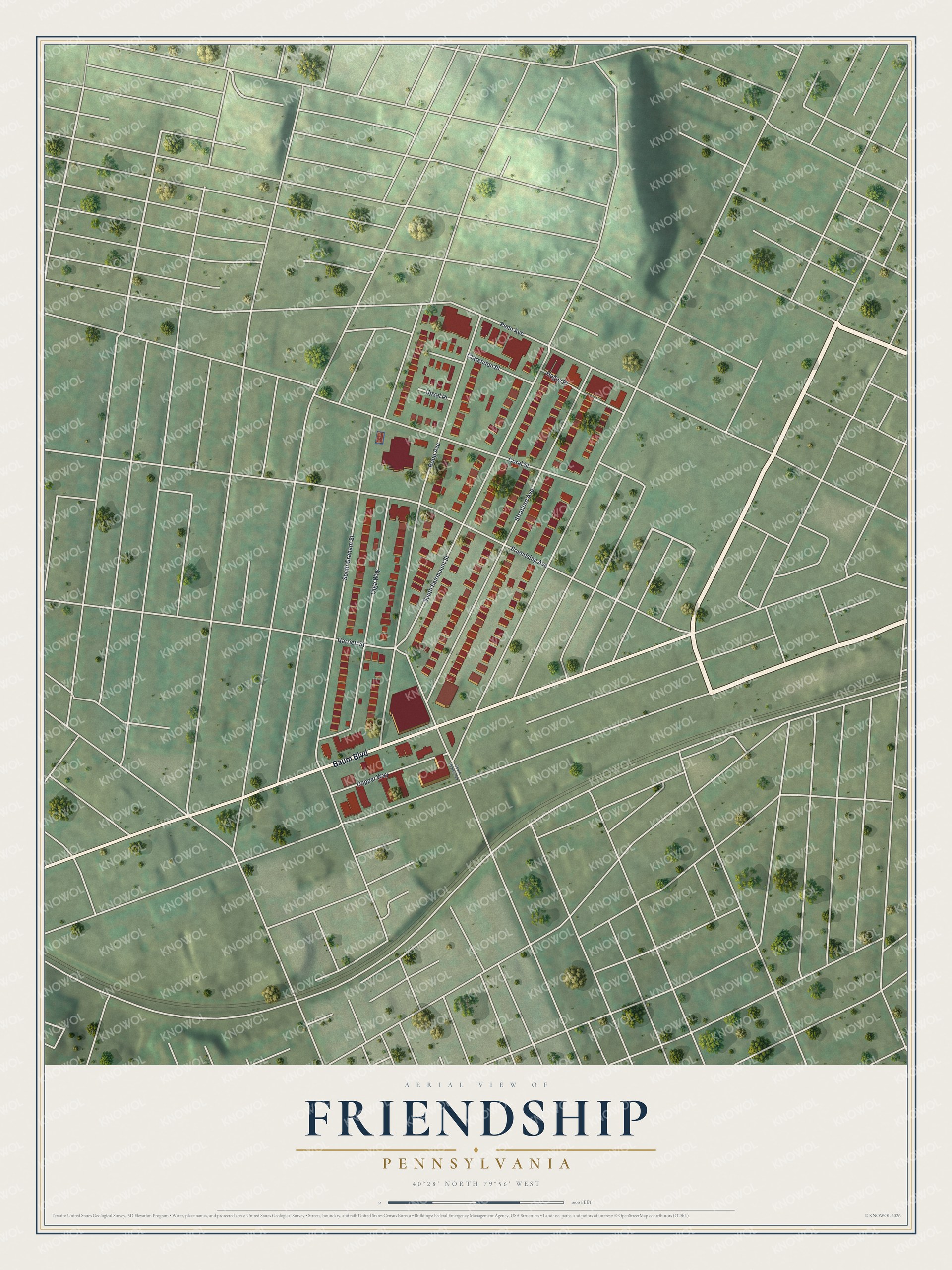 Full map of Friendship, Pennsylvania, with red buildings, printed street names and the land around them