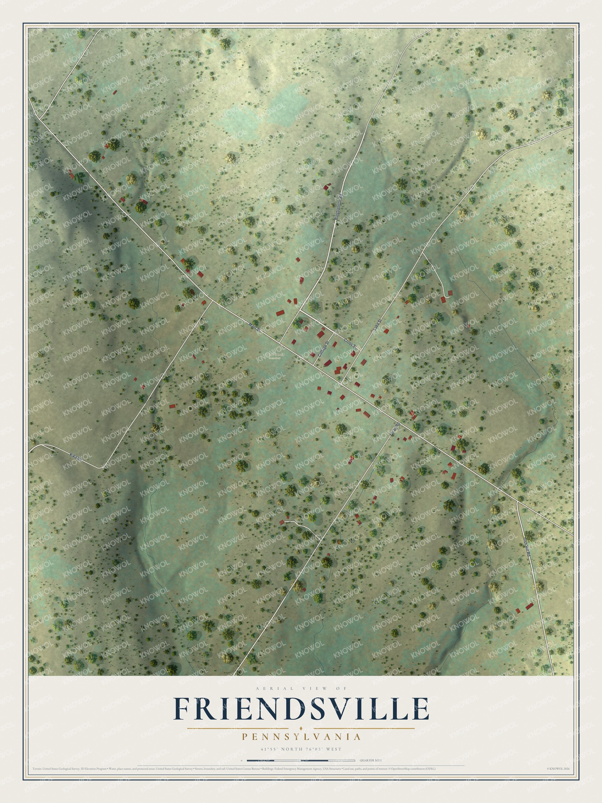 Full map of Friendsville, Pennsylvania, with red buildings, printed street names and the land around them
