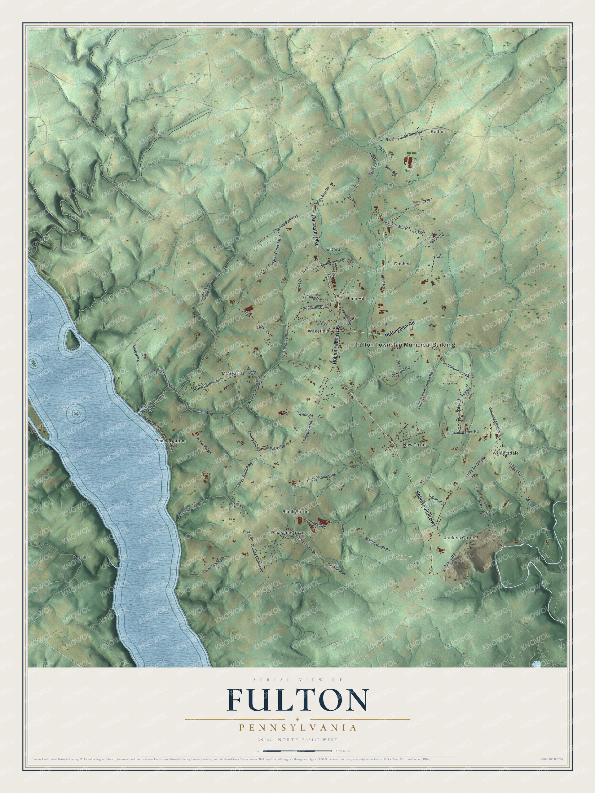 Full map of Fulton, Pennsylvania, with red buildings, printed street names and the land around them