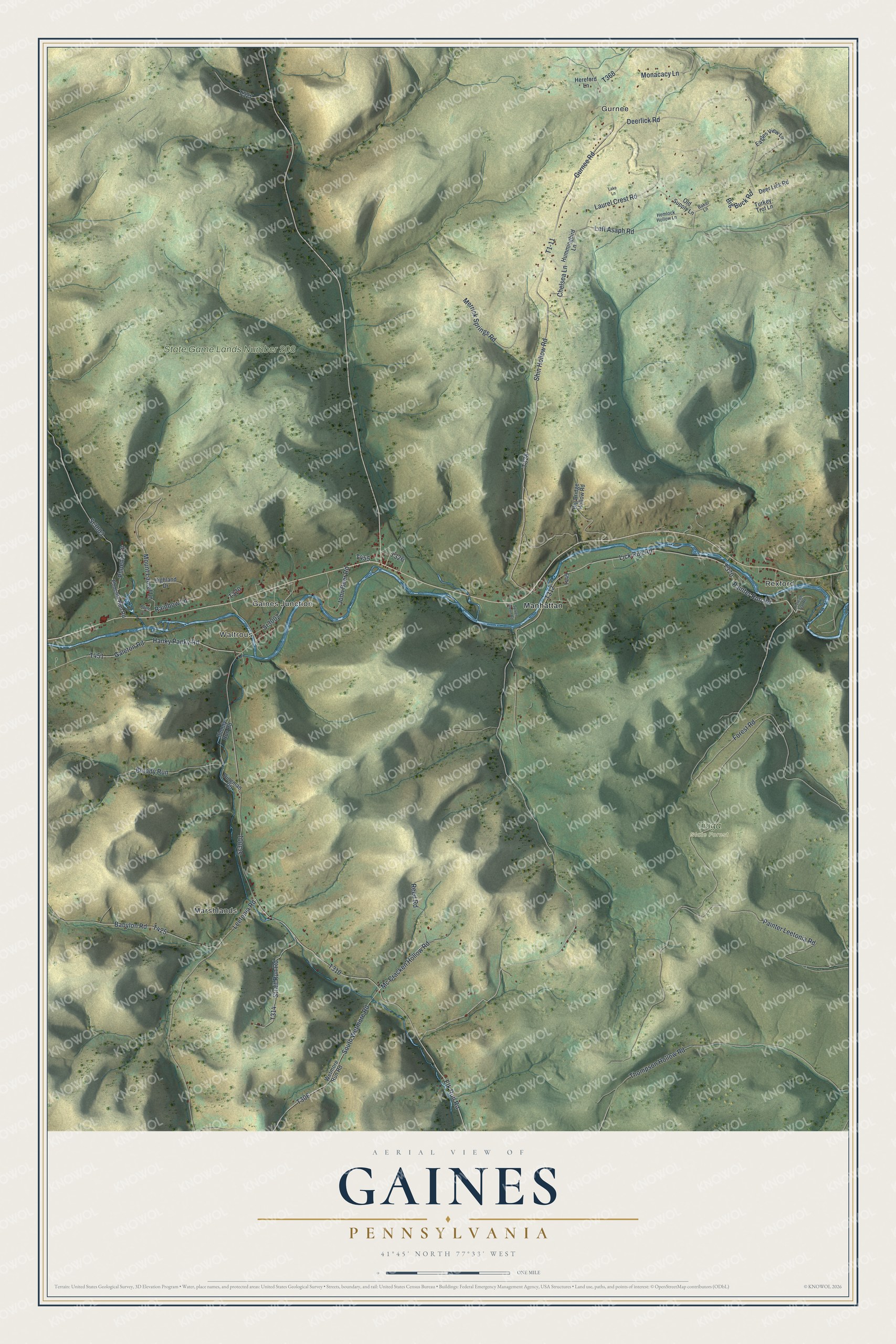 Full map of Gaines, Pennsylvania, with red buildings, printed street names and the land around them