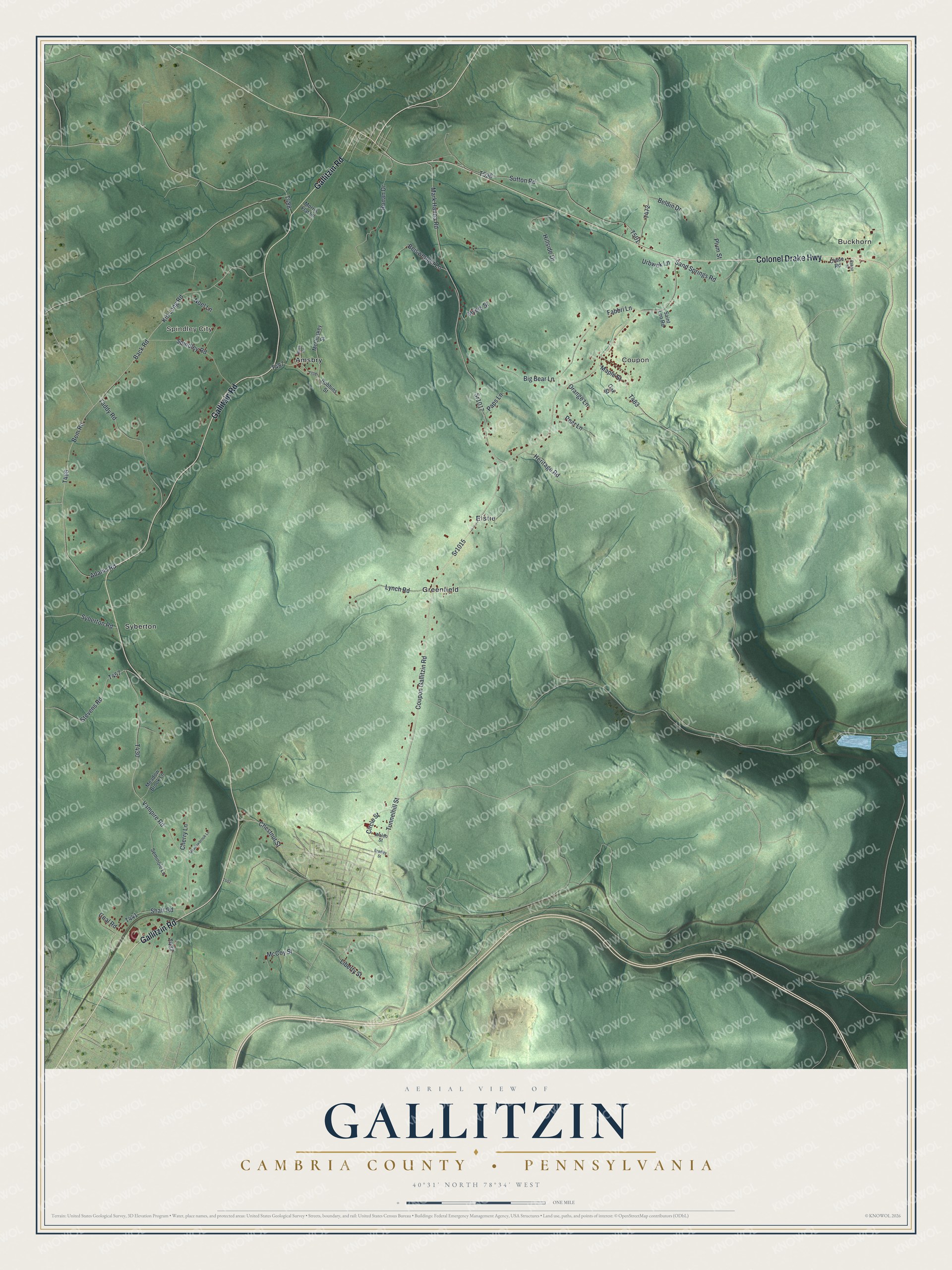 Full map of Gallitzin Township, Pennsylvania, with red buildings, printed street names and the land around them