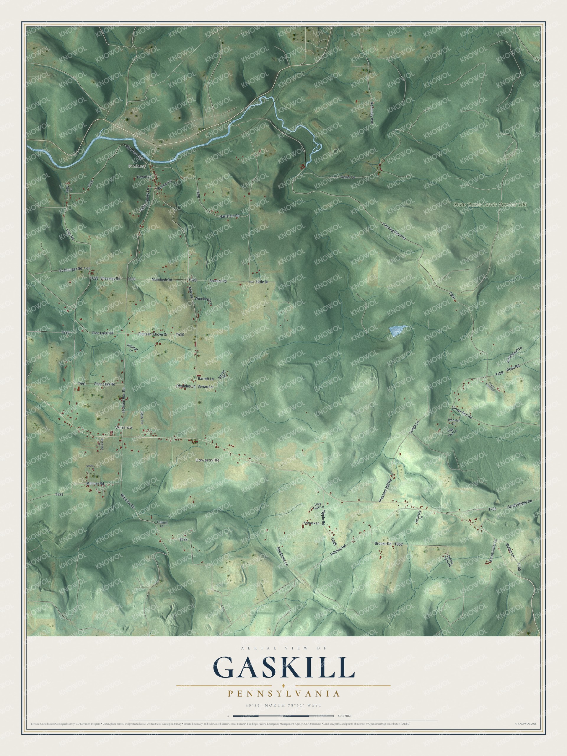 Full map of Gaskill, Pennsylvania, with red buildings, printed street names and the land around them