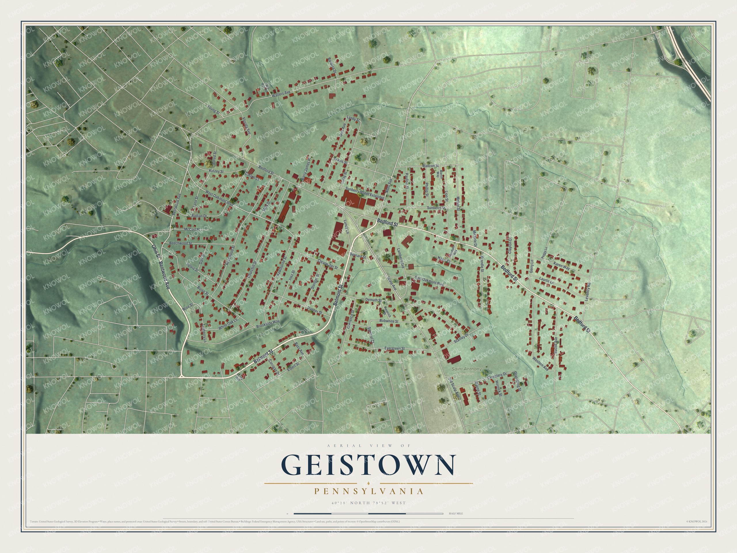 Aerial-style map of Geistown, Pennsylvania, with red buildings along Bedford Street on green hills and a cream title panel below