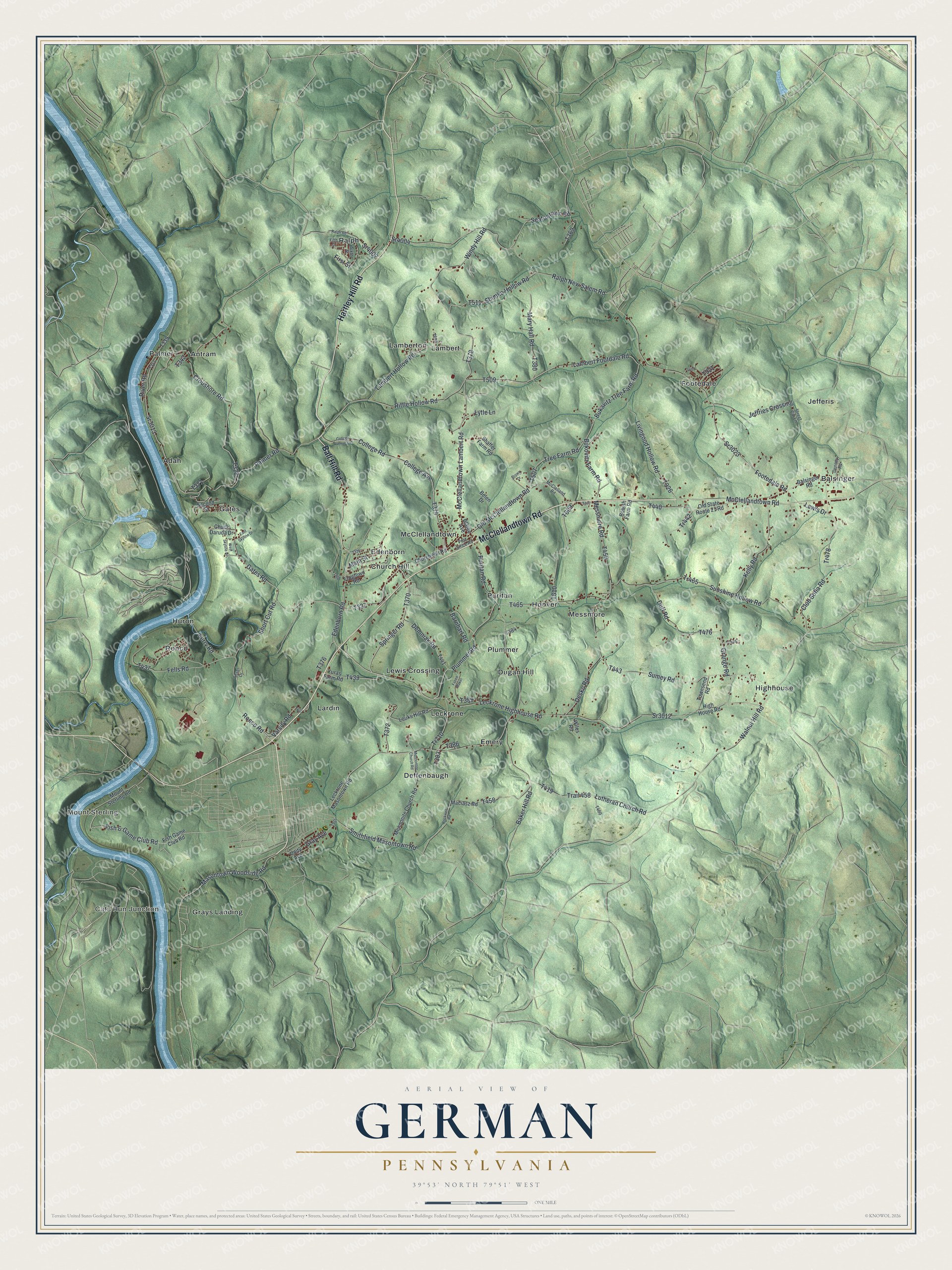 Full map of German, Pennsylvania, with red buildings, printed street names and the land around them