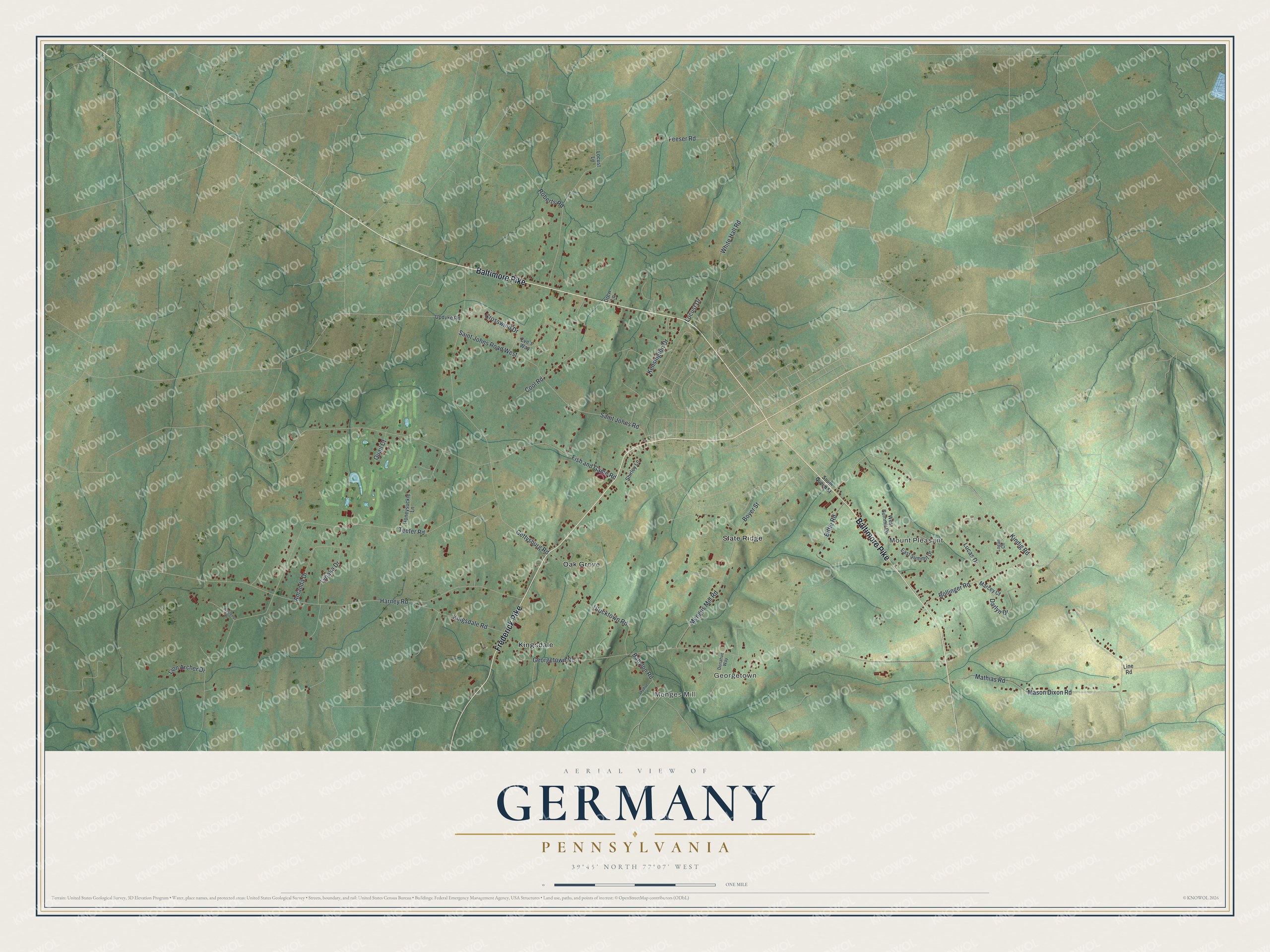 Full map of Germany, Pennsylvania, with red buildings, printed street names and the land around them