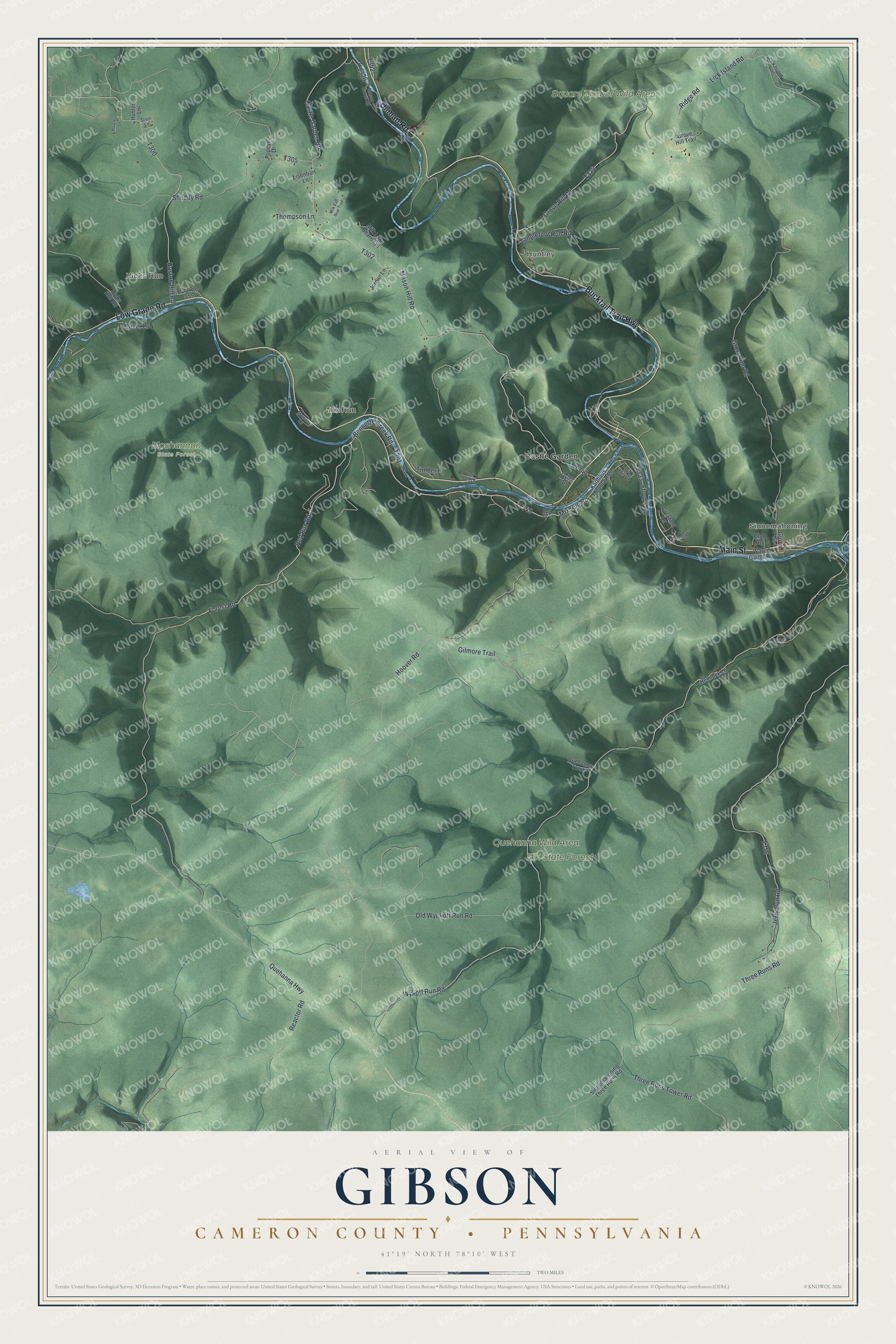 Full map of Gibson, Cameron County, Pennsylvania, with red buildings, printed street names and the land around them