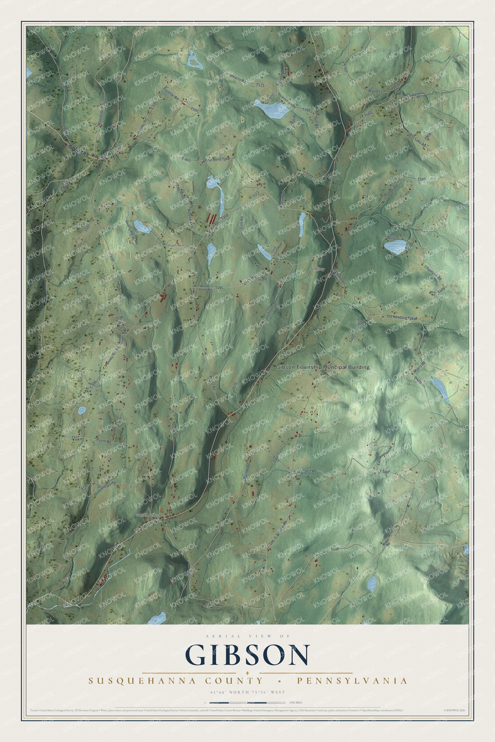 Full map of Gibson, Susquehanna County, Pennsylvania, with red buildings, printed street names and the land around them