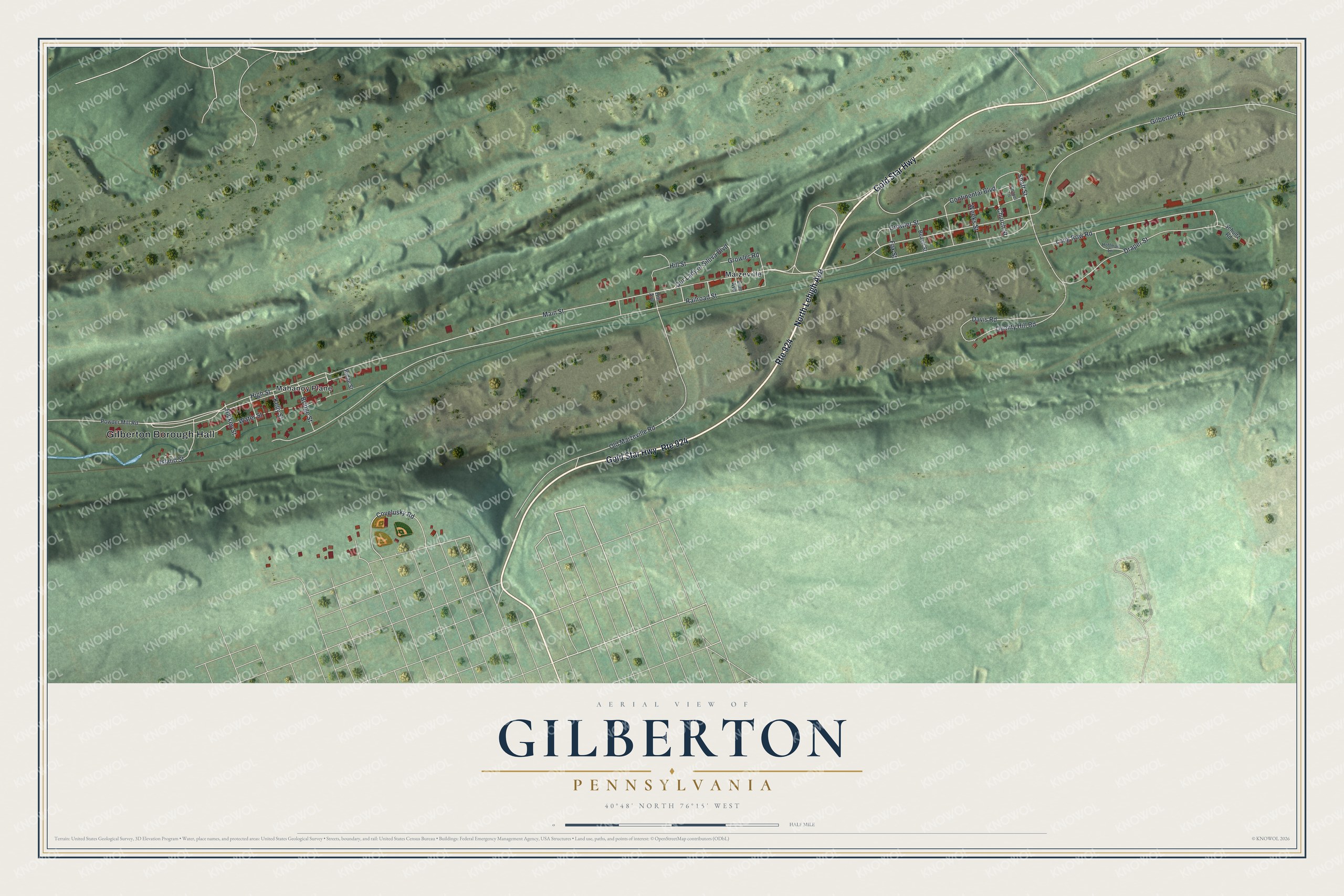 Full map of Gilberton, Pennsylvania, with red buildings, printed street names and the land around them