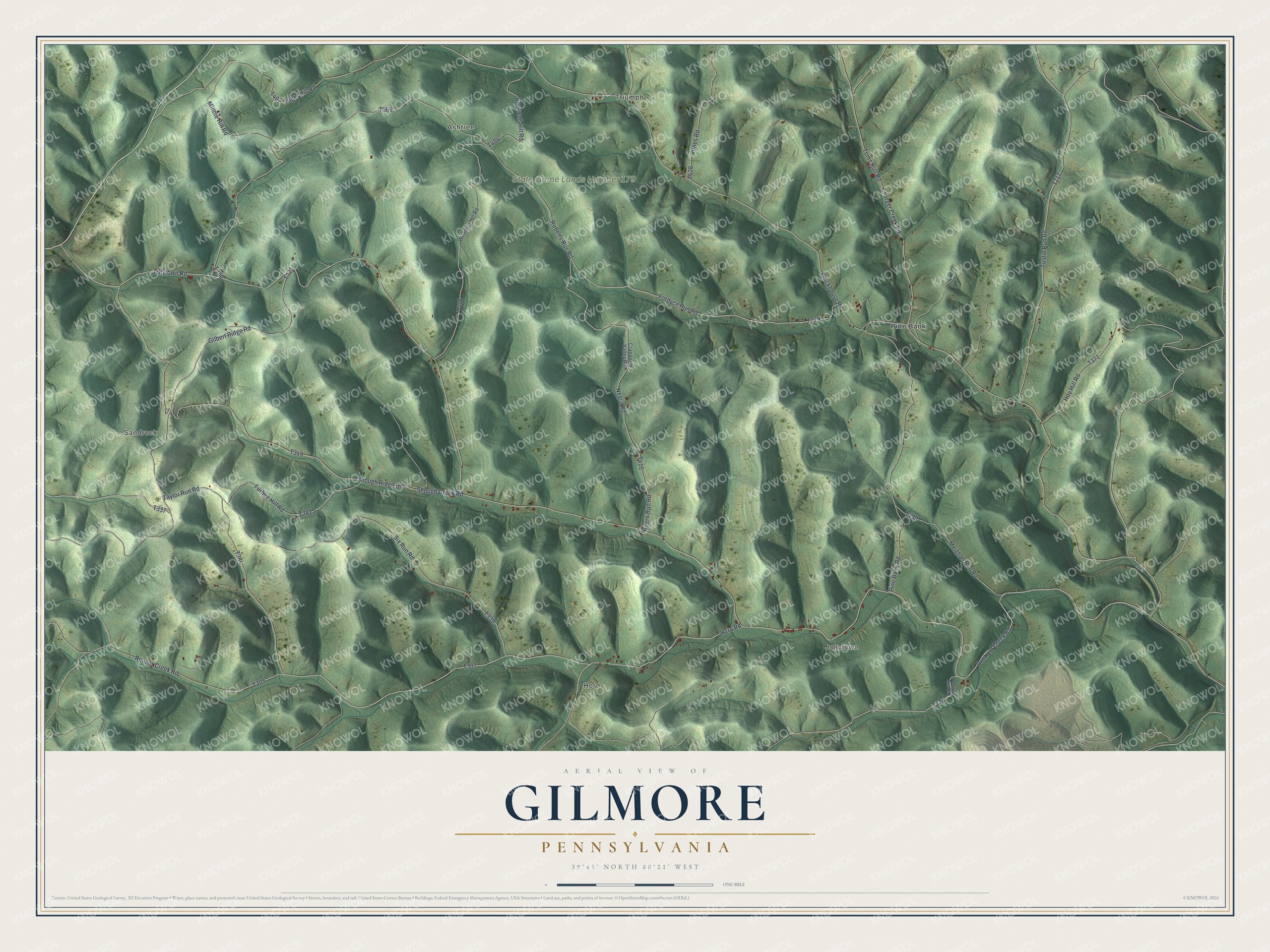 Full map of Gilmore, Pennsylvania, with red buildings, printed street names and the land around them