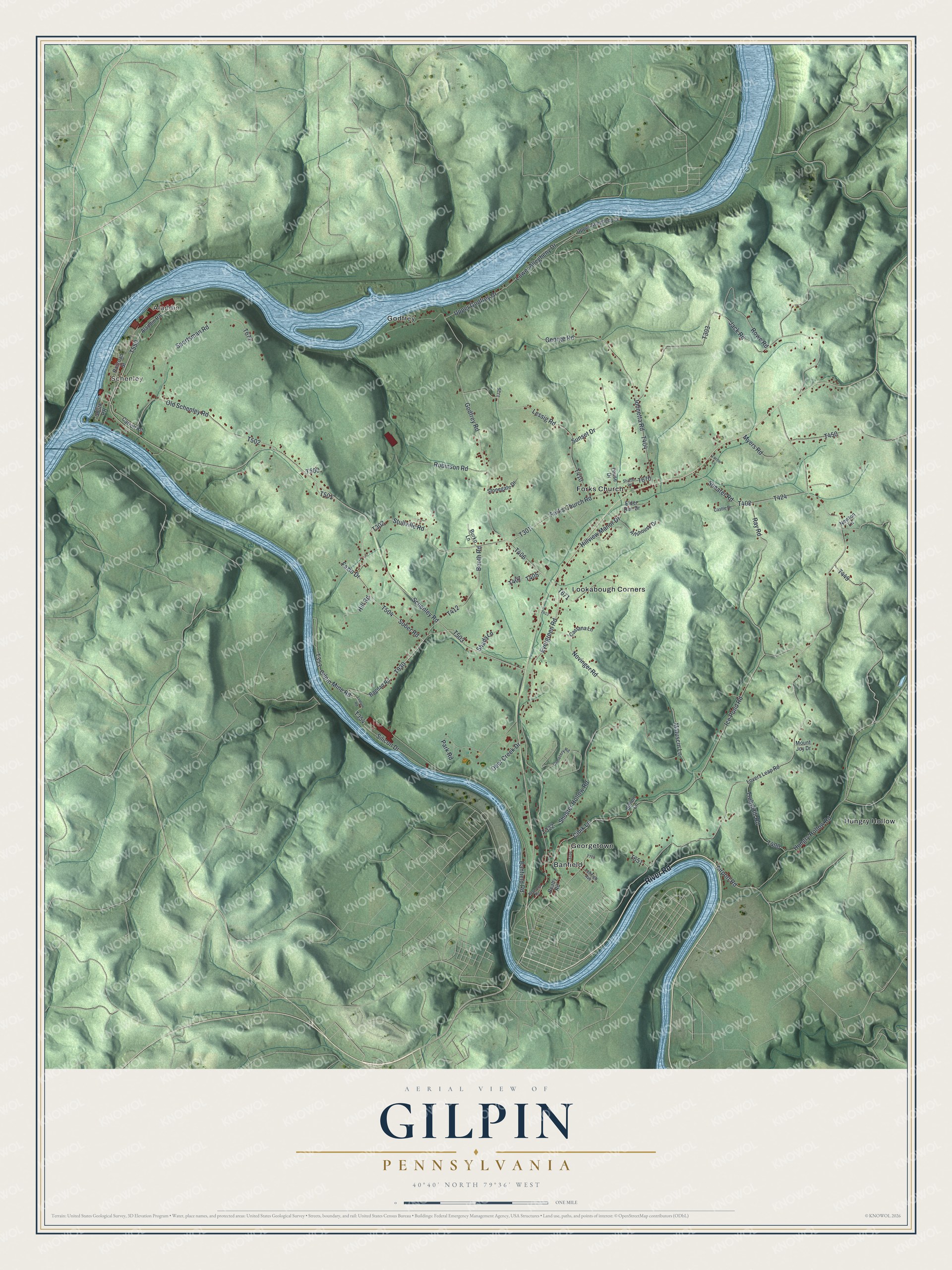 Full map of Gilpin, Pennsylvania, with red buildings, printed street names and the land around them