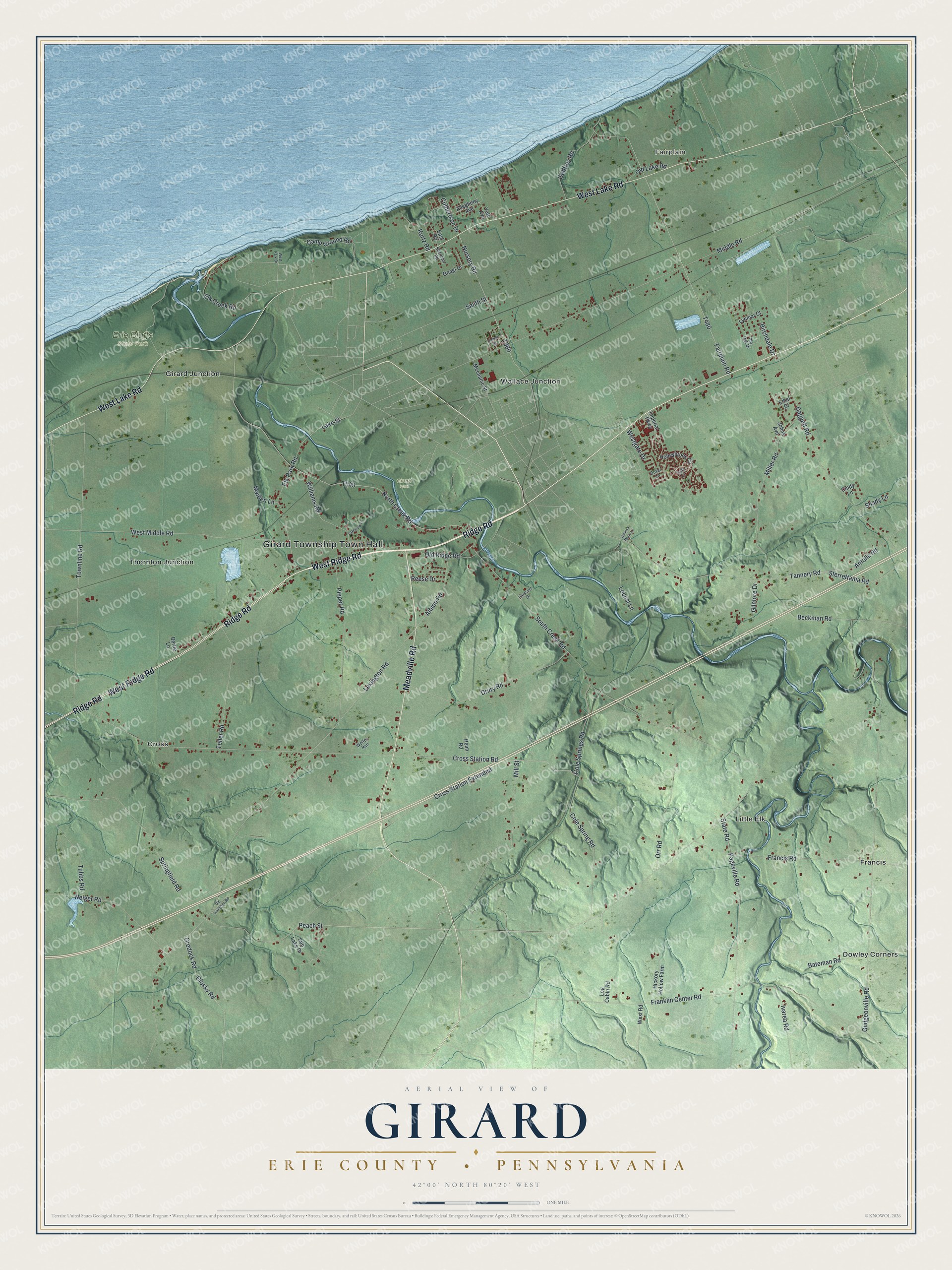 Full map of Girard Township, Erie County, Pennsylvania, with red buildings, printed street names and the land around them