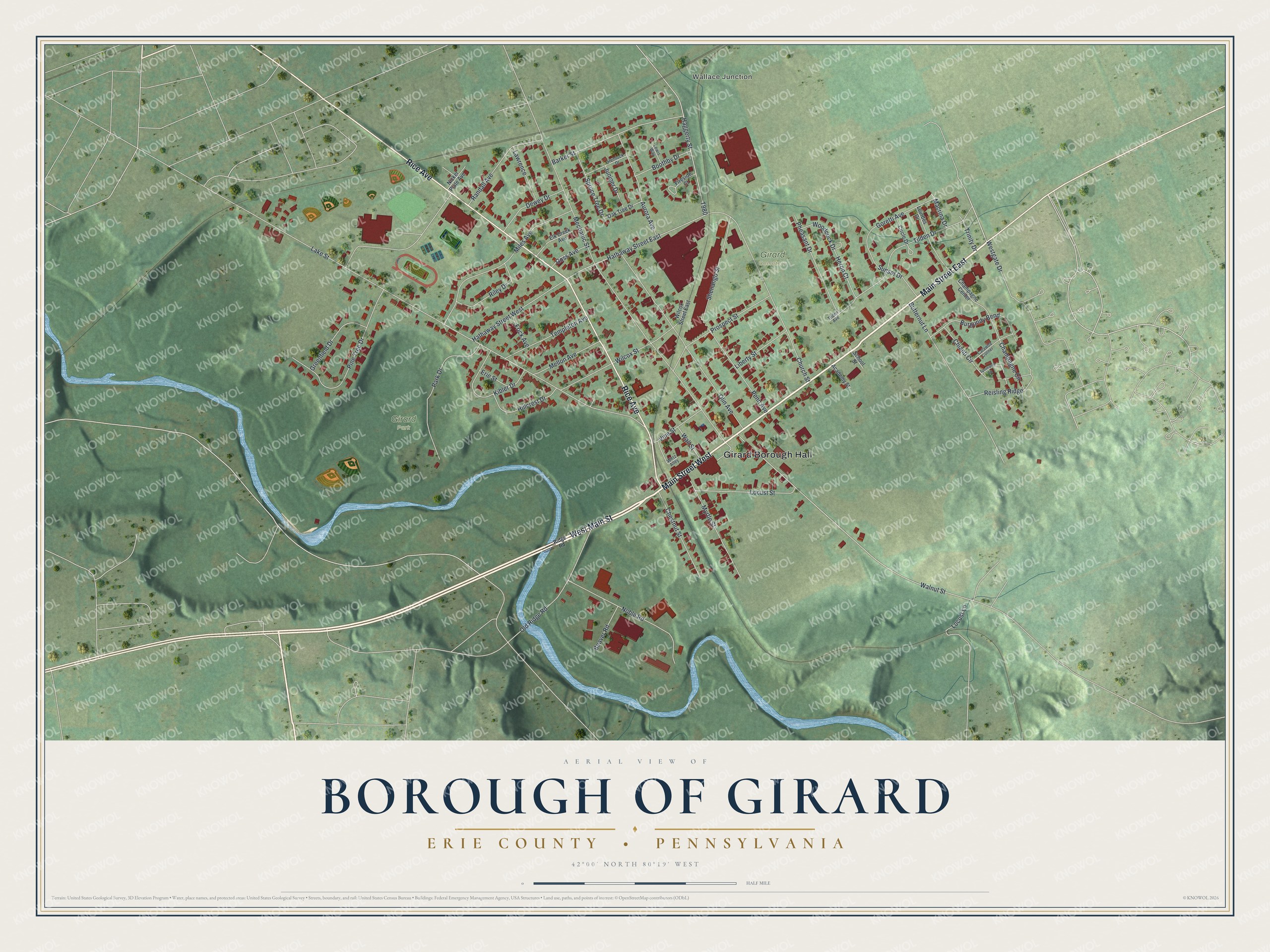Full map of Girard Borough, Erie County, Pennsylvania, with red buildings, printed street names and the land around them