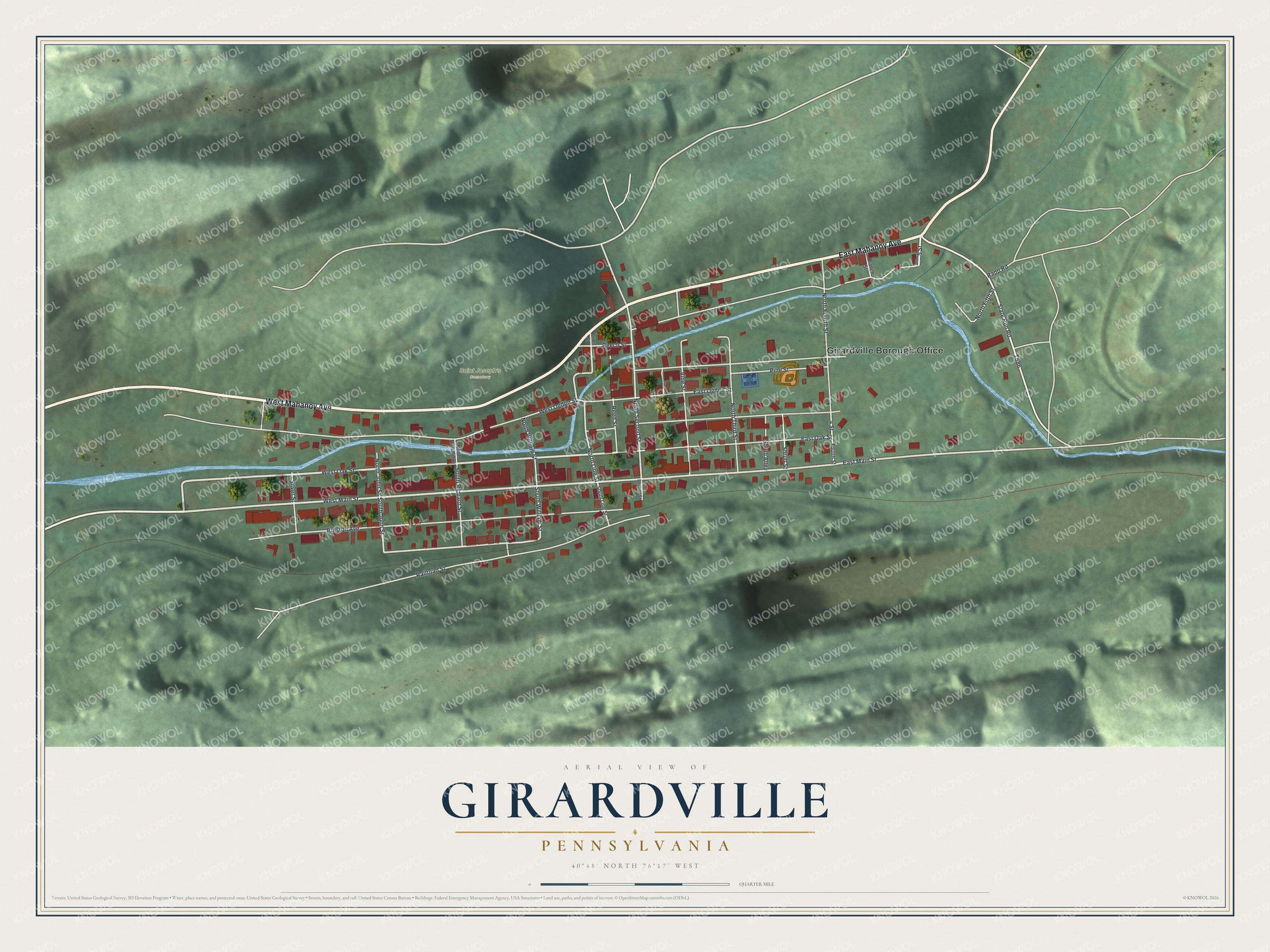 Full map of Girardville, Pennsylvania, with red buildings, printed street names and the land around them