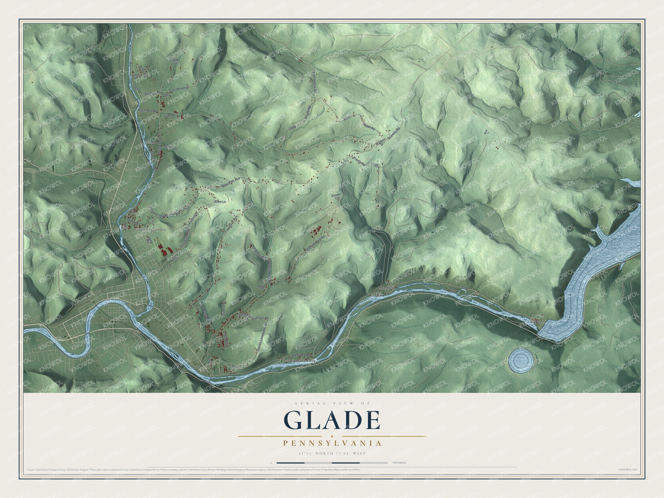 Full map of Glade, Pennsylvania, with red buildings, printed street names and the land around them