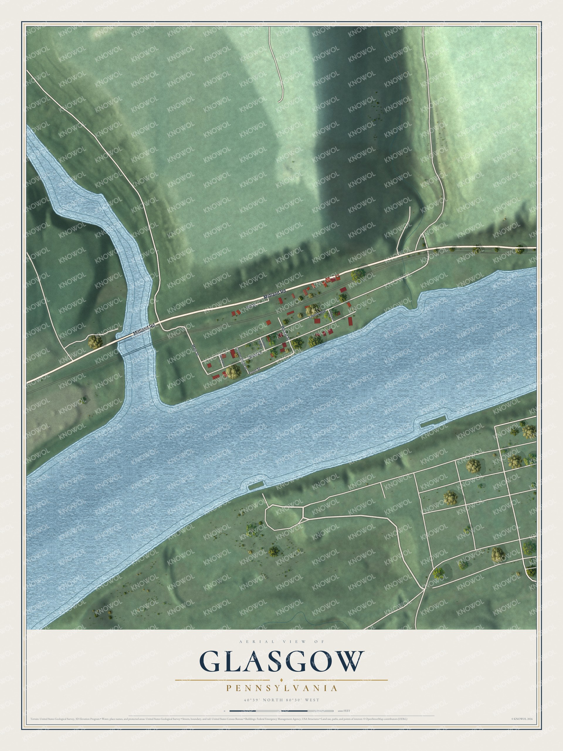 Full map of Glasgow, Pennsylvania, with red buildings, printed street names and the land around them