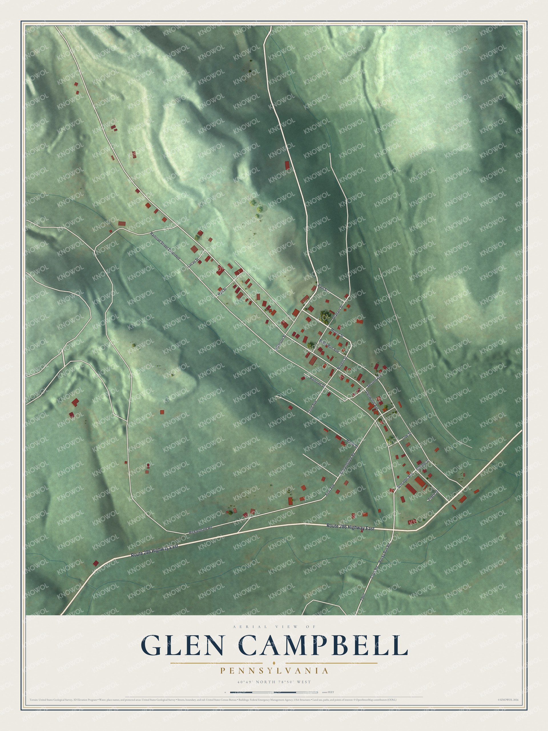 Full map of Glen Campbell, Pennsylvania, with red buildings, printed street names and the land around them