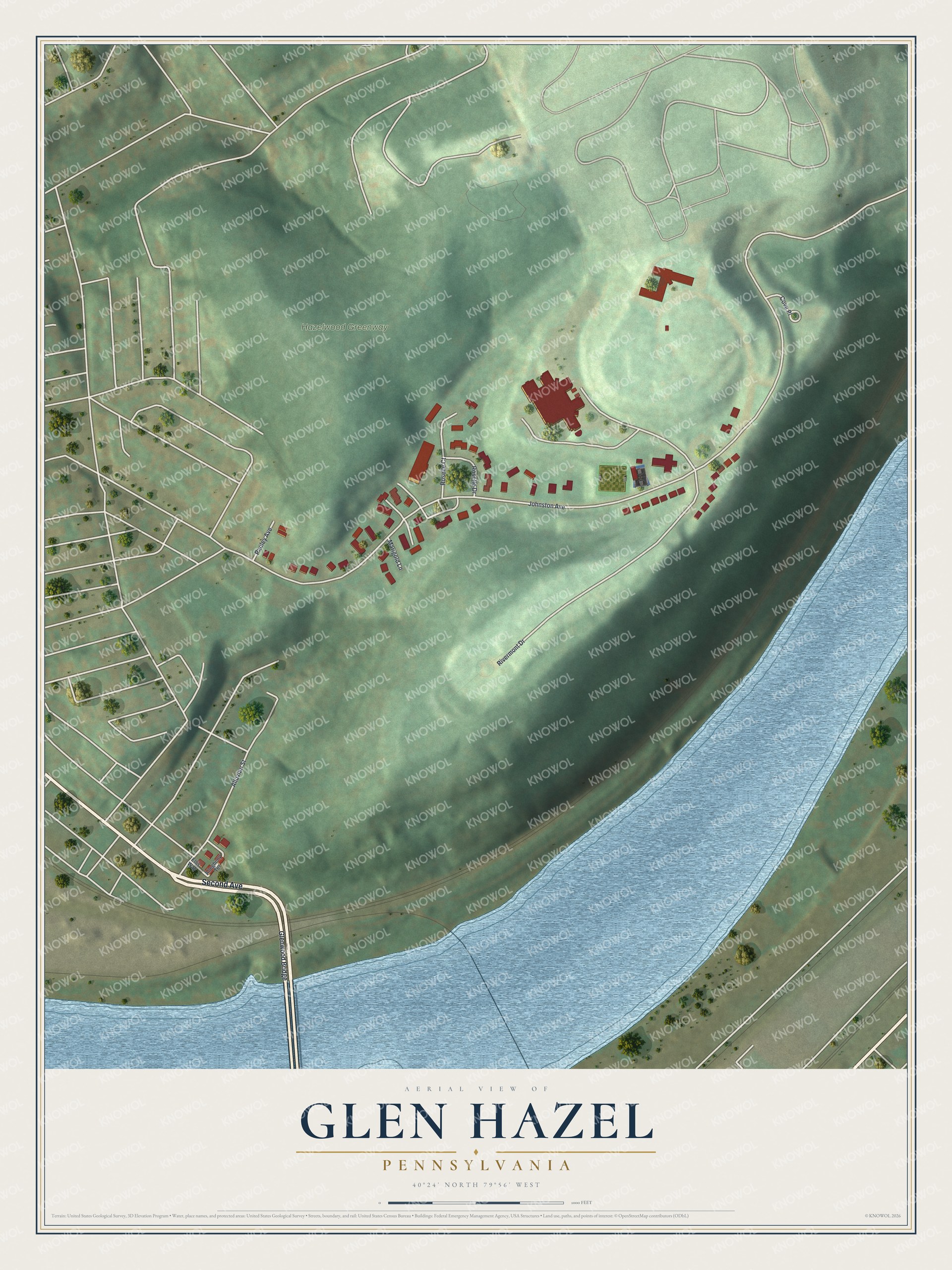 Full map of Glen Hazel, Pennsylvania, with red buildings, printed street names and the land around them