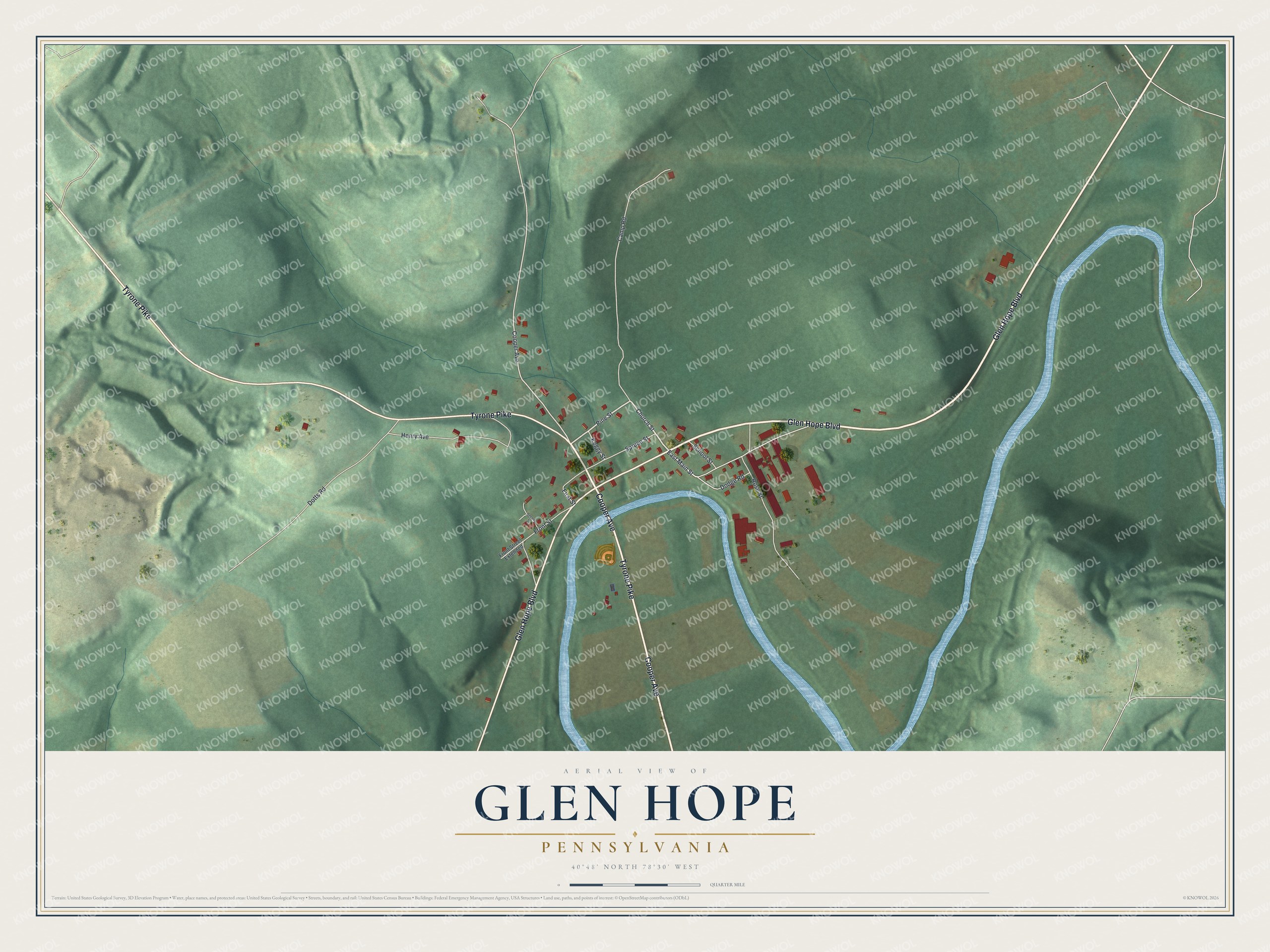 Full map of Glen Hope, Pennsylvania, with red buildings, printed street names and the land around them