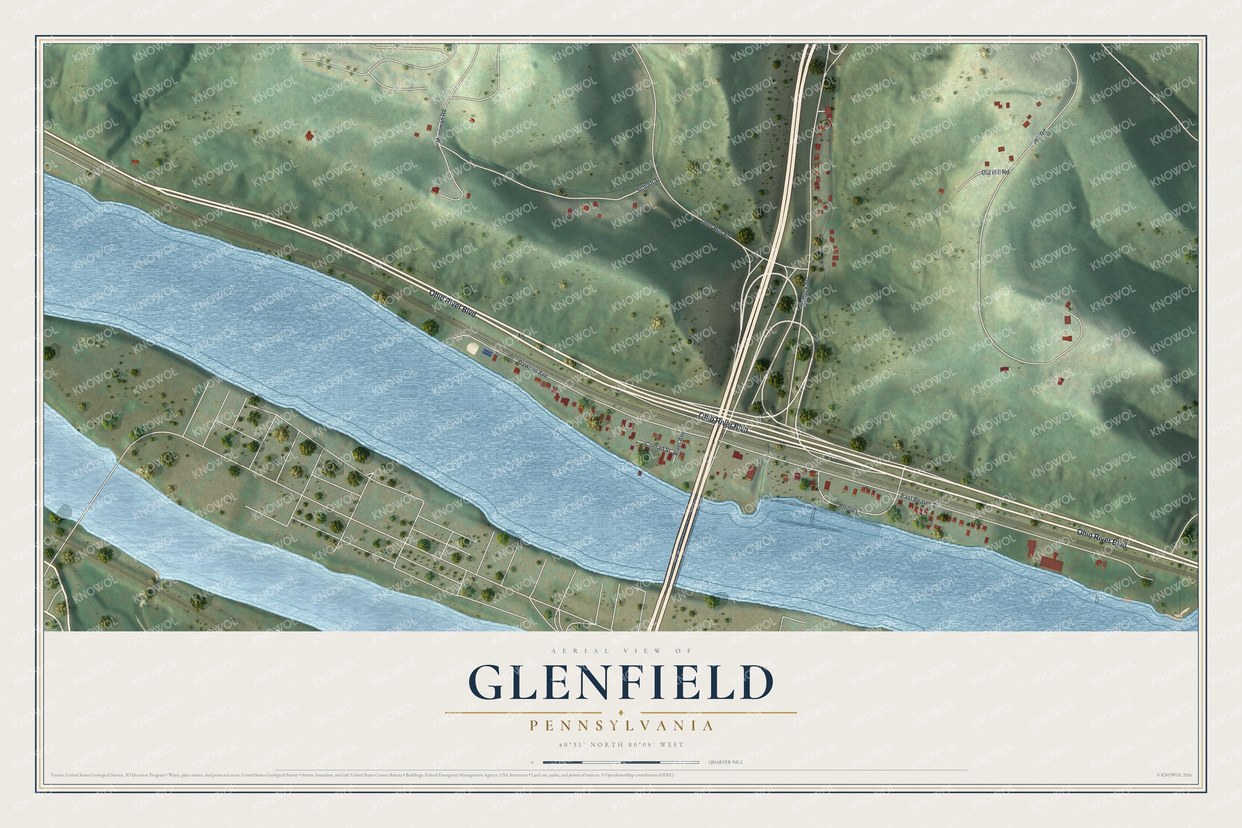 Full map of Glenfield, Pennsylvania, with red buildings, printed street names and the land around them