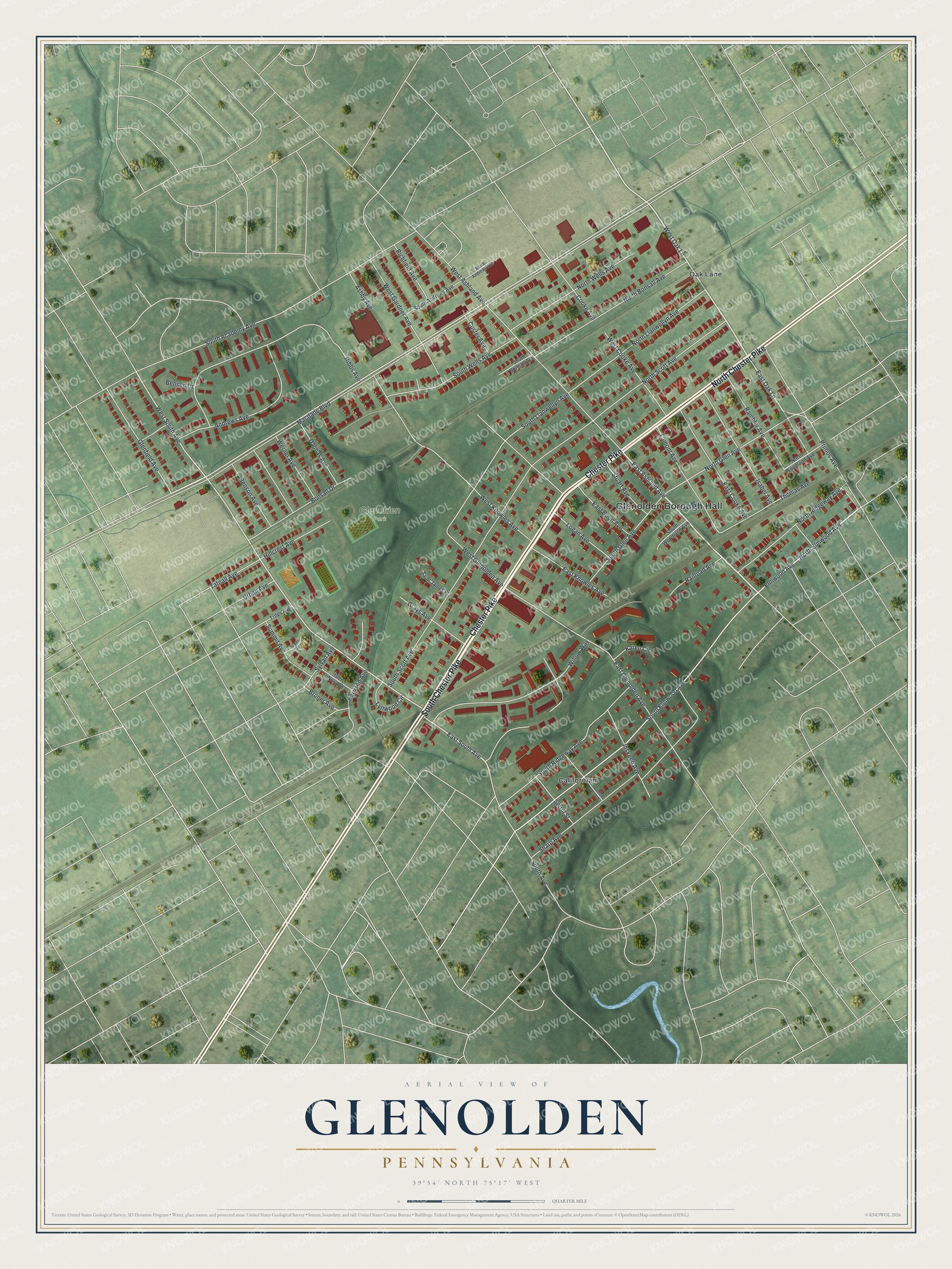 Aerial-style map of Glenolden, Pennsylvania, with red buildings on green land and Chester Pike crossing the center