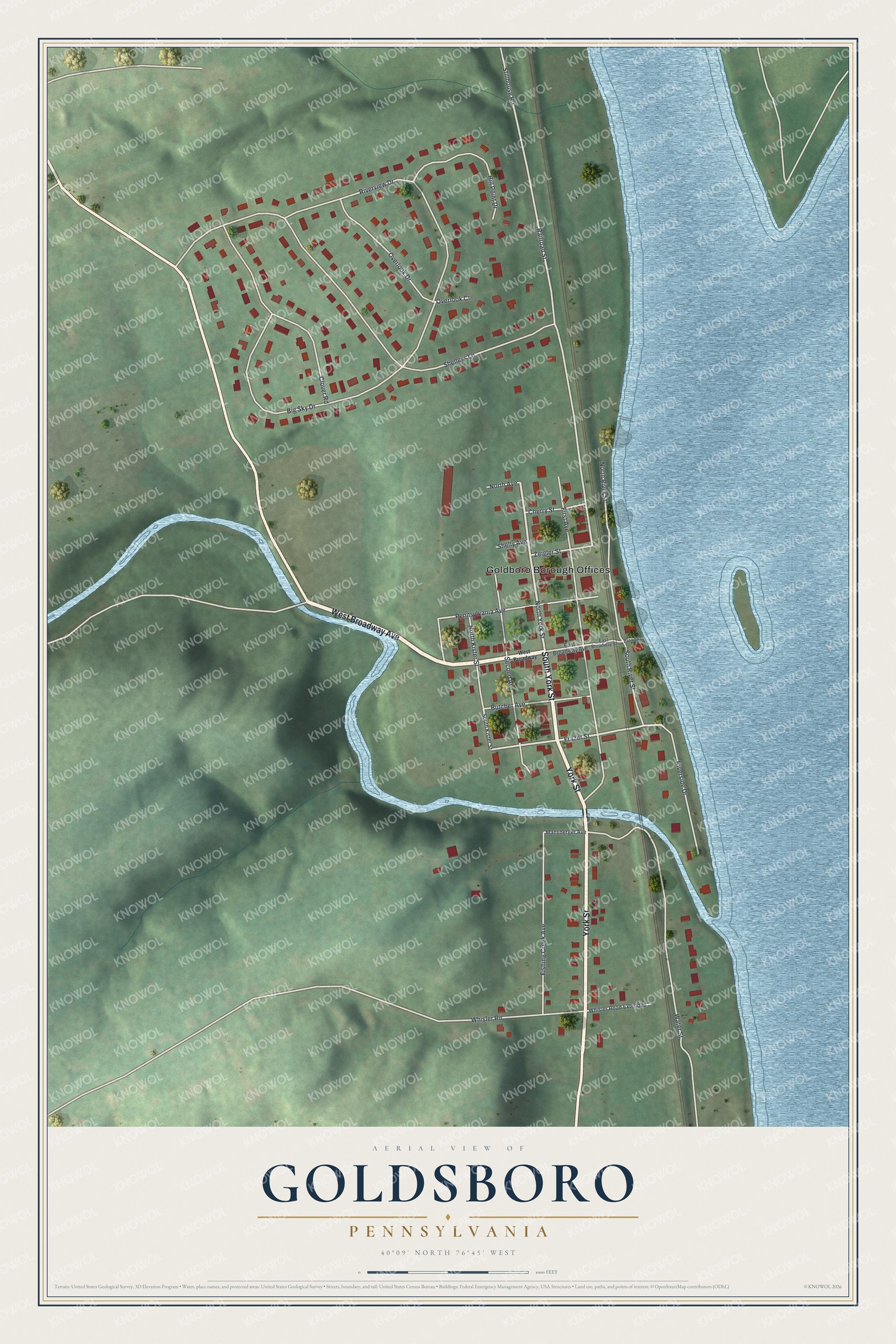 Full map of Goldsboro, Pennsylvania, with red buildings, printed street names and the land around them