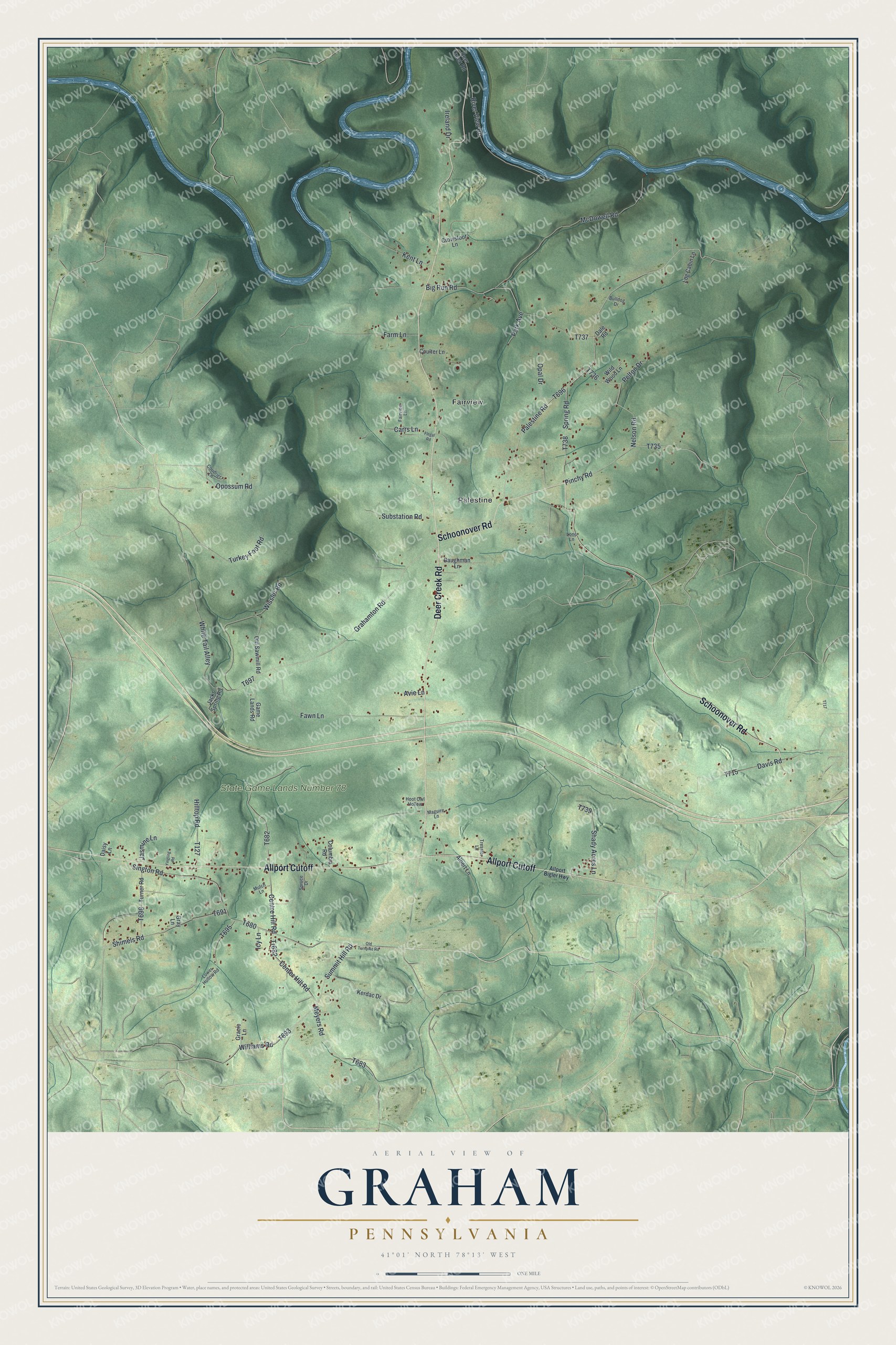 Full map of Graham, Pennsylvania, with red buildings, printed street names and the land around them