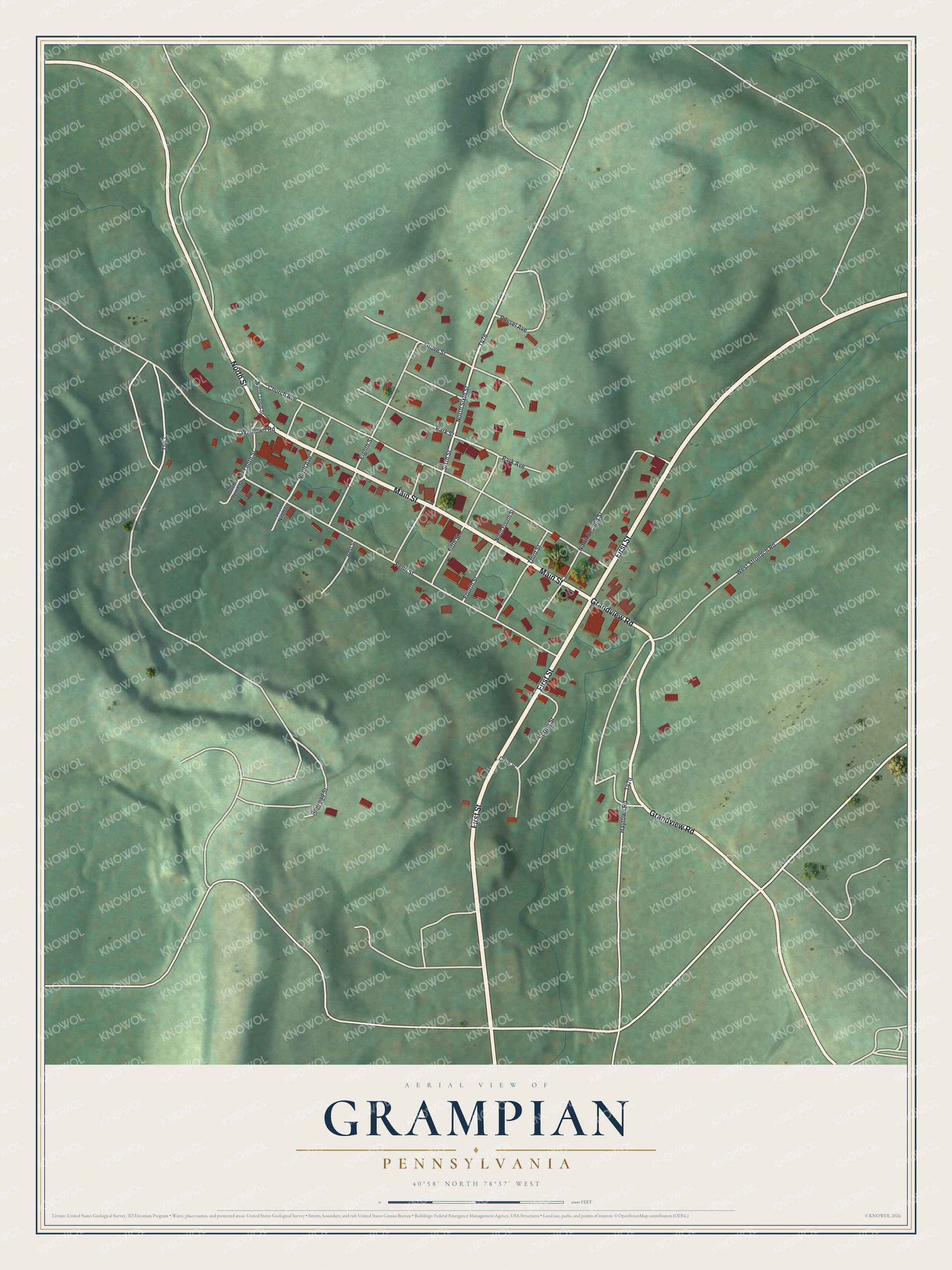 Full map of Grampian, Pennsylvania, with red buildings, printed street names and the land around them