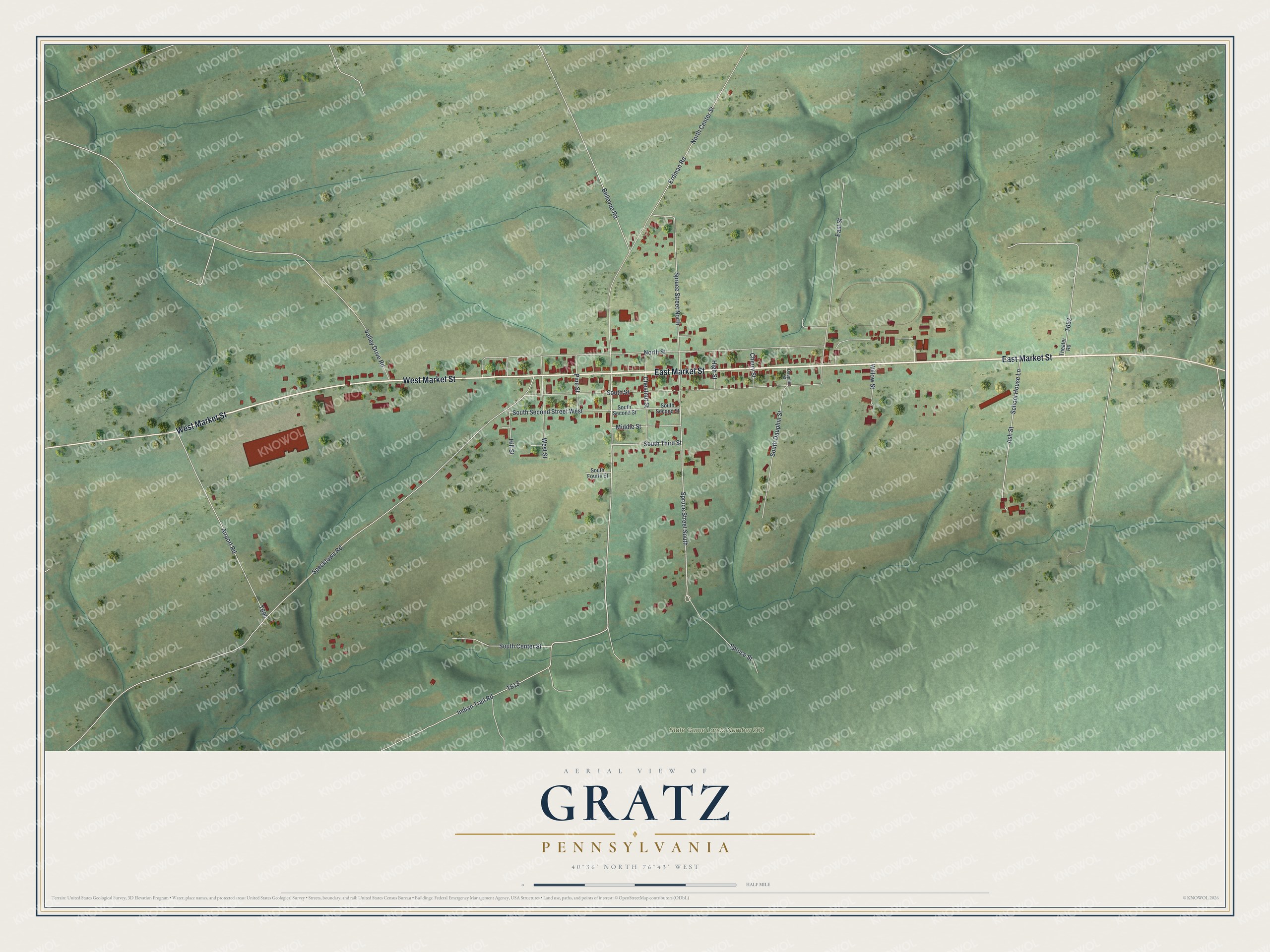 Full map of Gratz, Pennsylvania, with red buildings, printed street names and the land around them