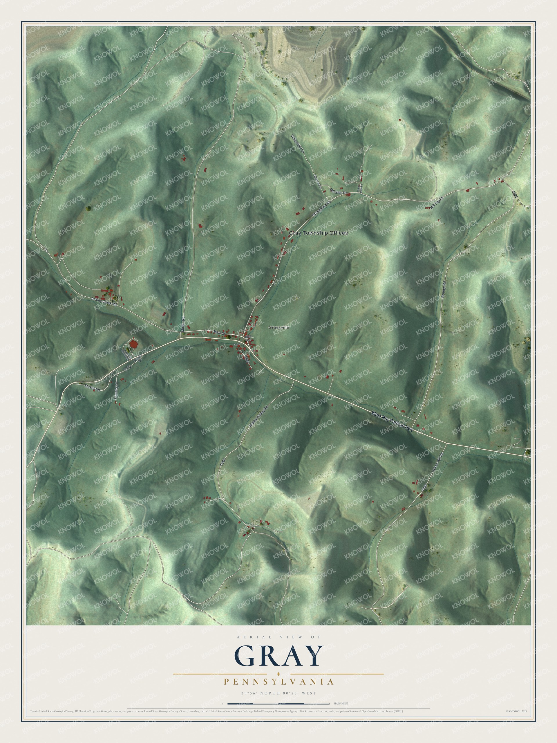 Full map of Gray, Pennsylvania, with red buildings, printed street names and the land around them