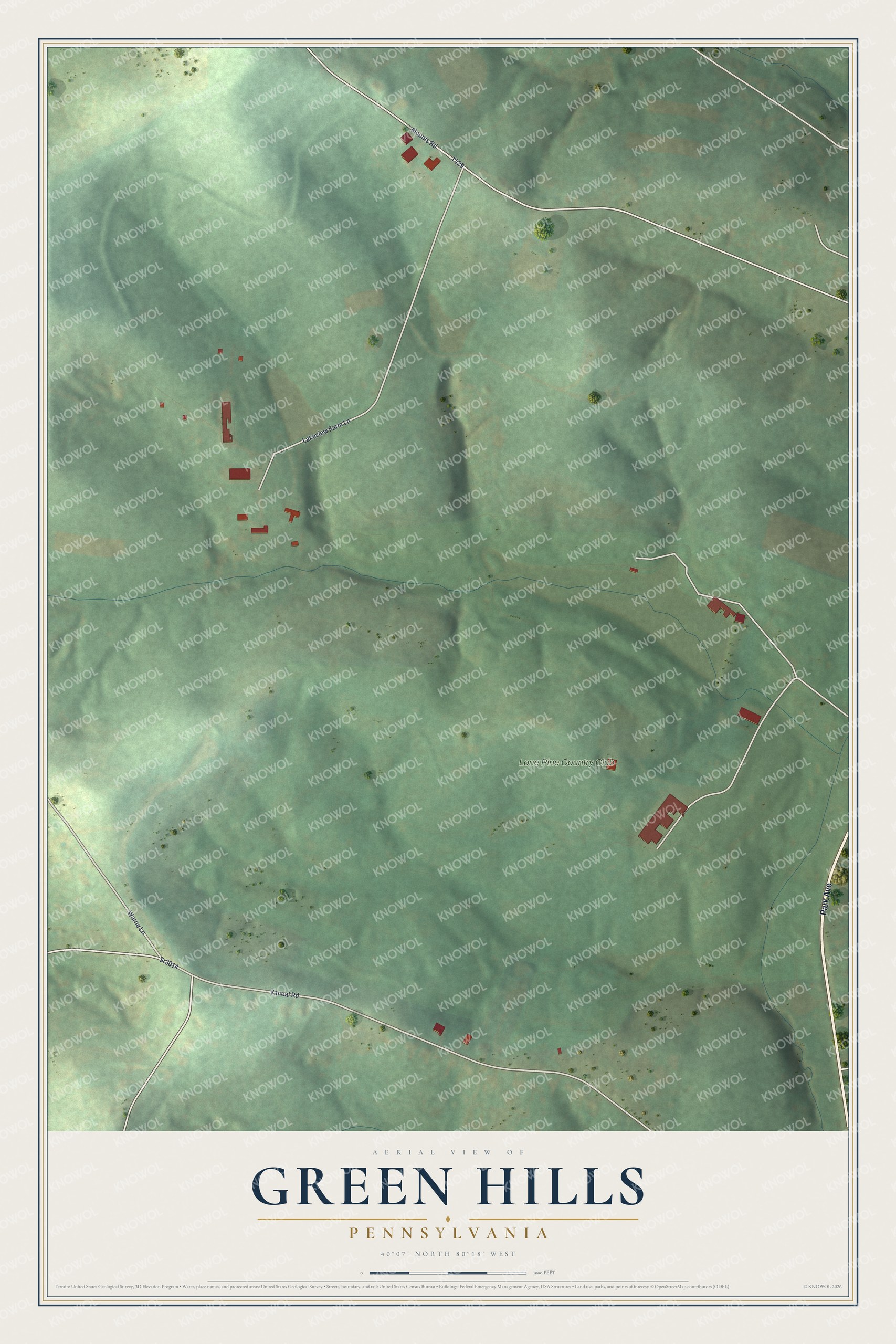 Full map of Green Hills, Pennsylvania, with red buildings, printed street names and the land around them