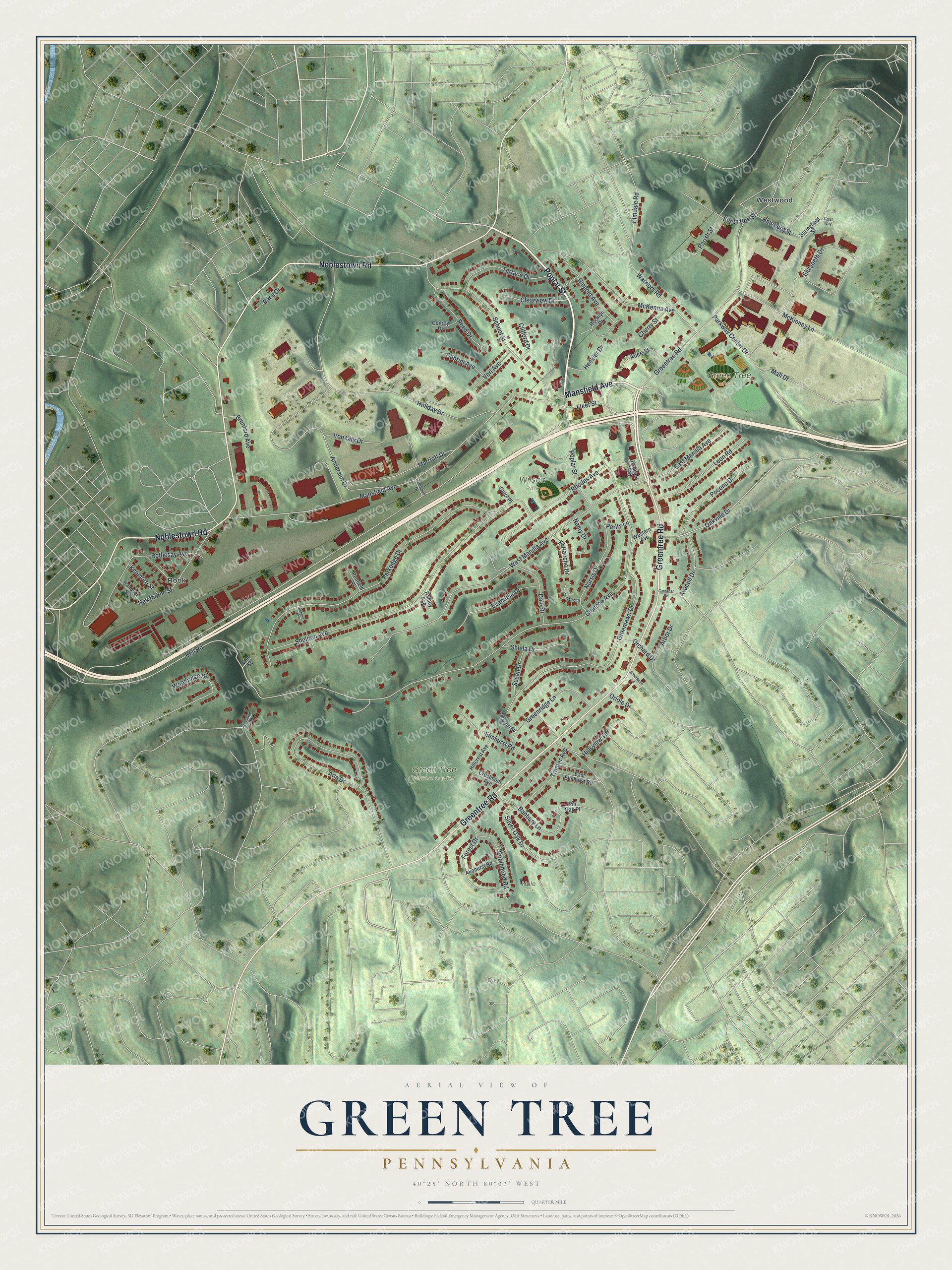 Aerial map of Green Tree, Pennsylvania with red buildings on green hills and a wide highway curving across the middle