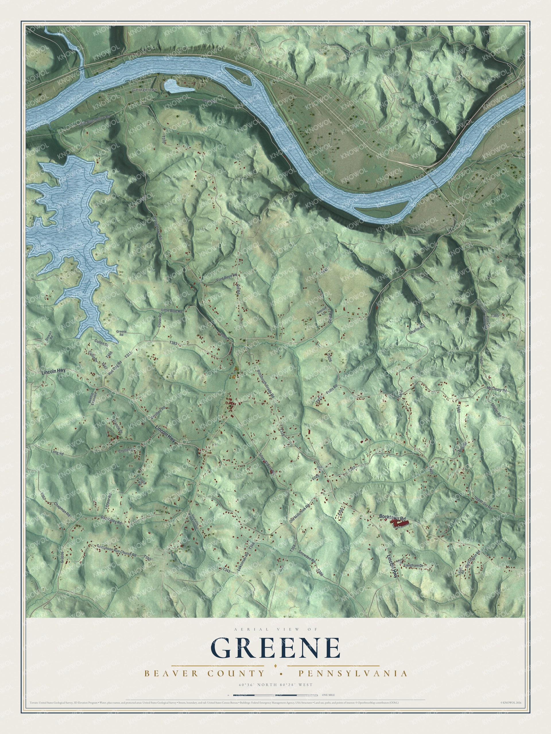Full map of Greene, Beaver County, Pennsylvania, with red buildings, printed street names and the land around them