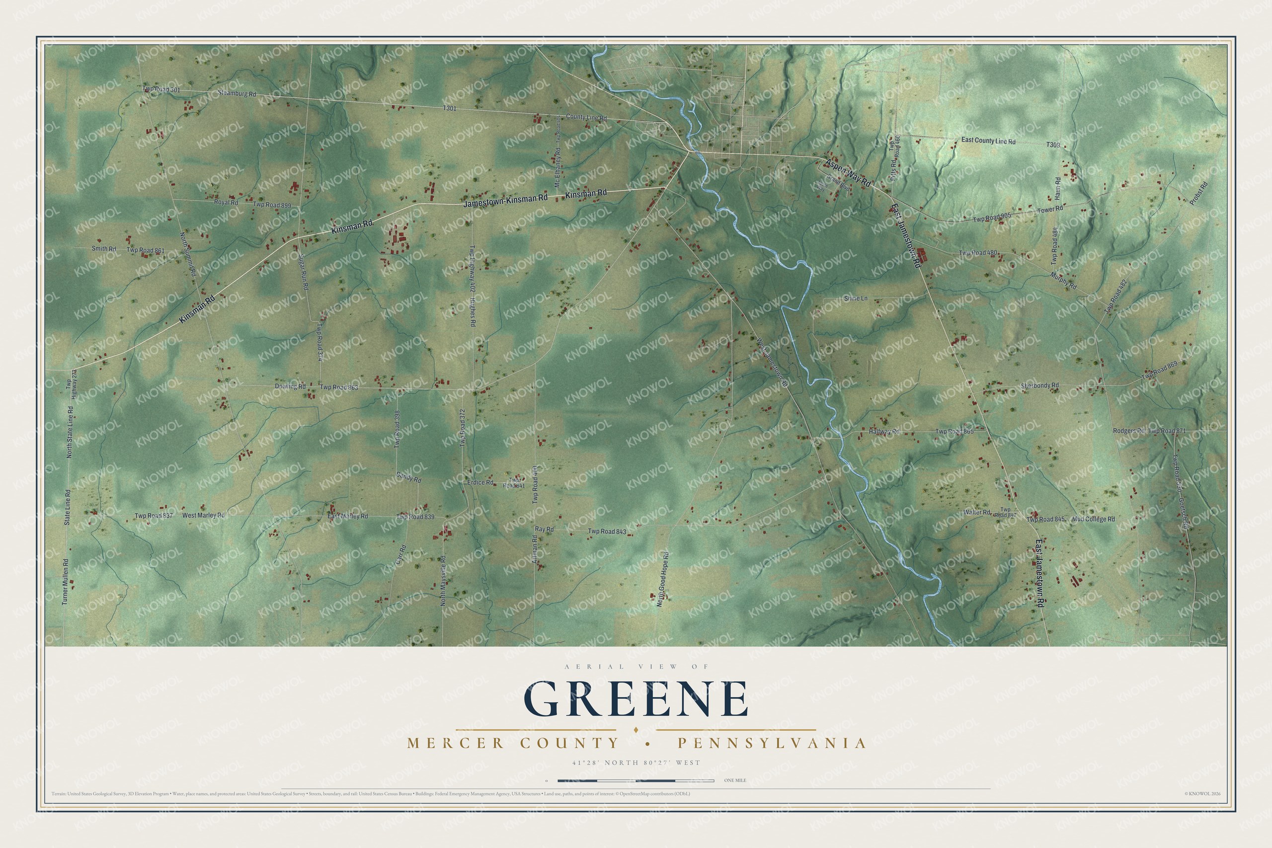 Full map of Greene, Mercer County, Pennsylvania, with red buildings, printed street names and the land around them