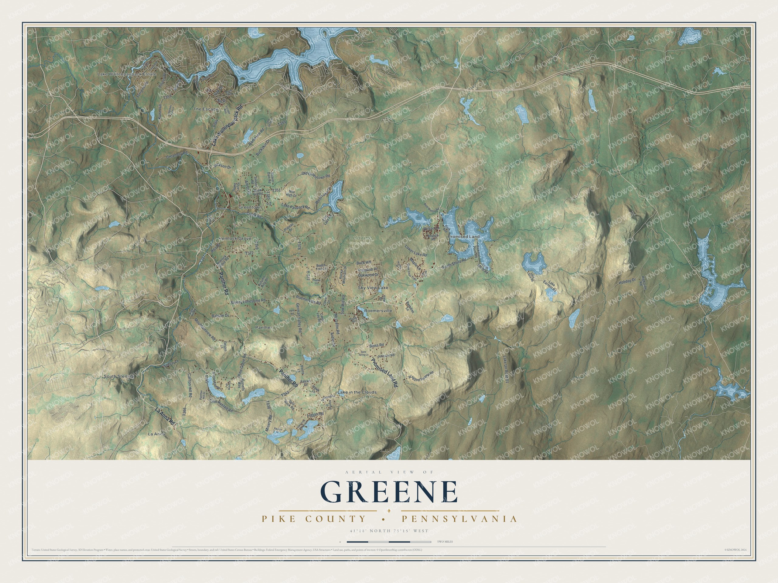 Full map of Greene, Pike County, Pennsylvania, with red buildings, printed street names and the land around them
