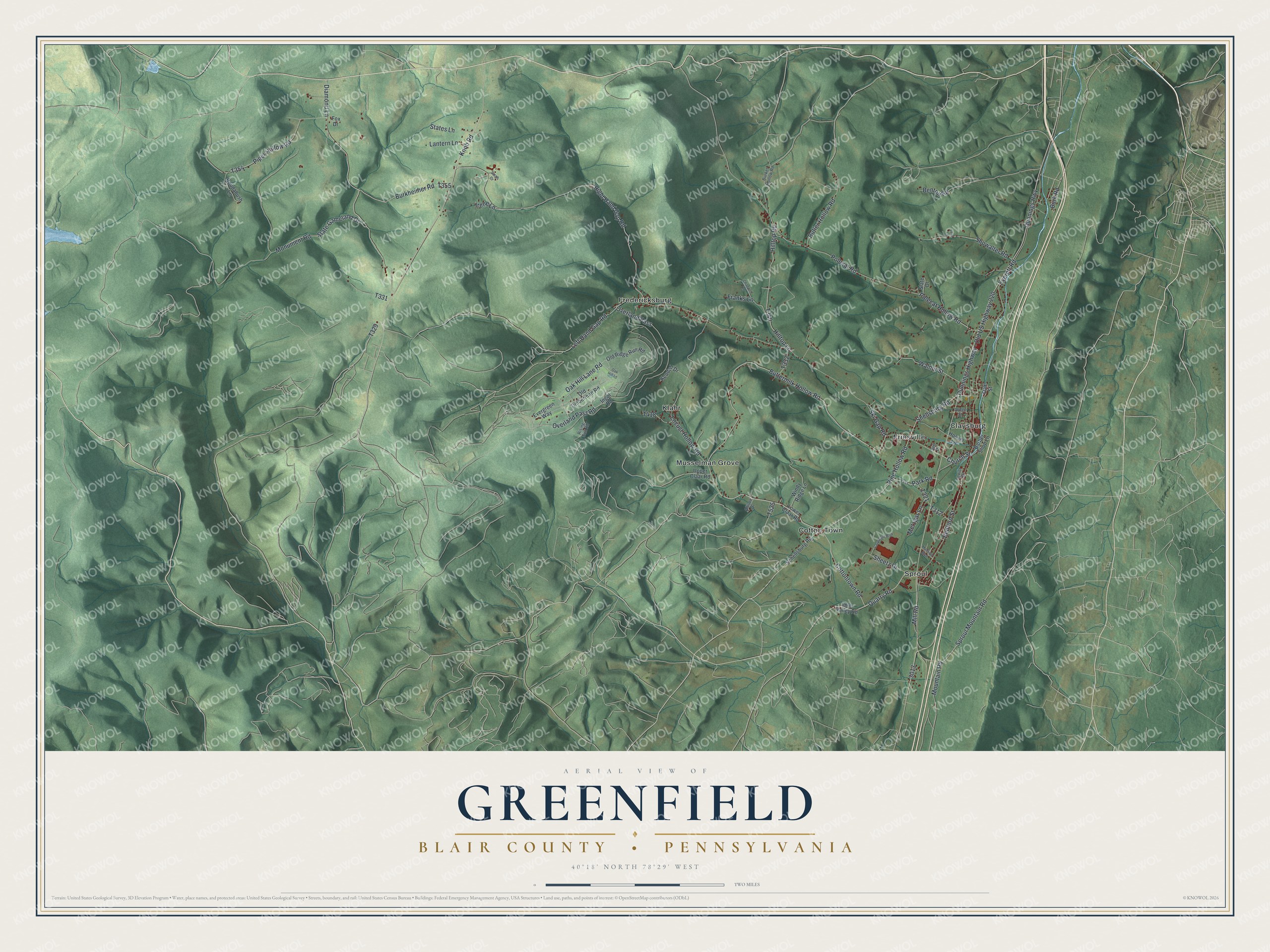 Full map of Greenfield, Blair County, Pennsylvania, with red buildings, printed street names and the land around them