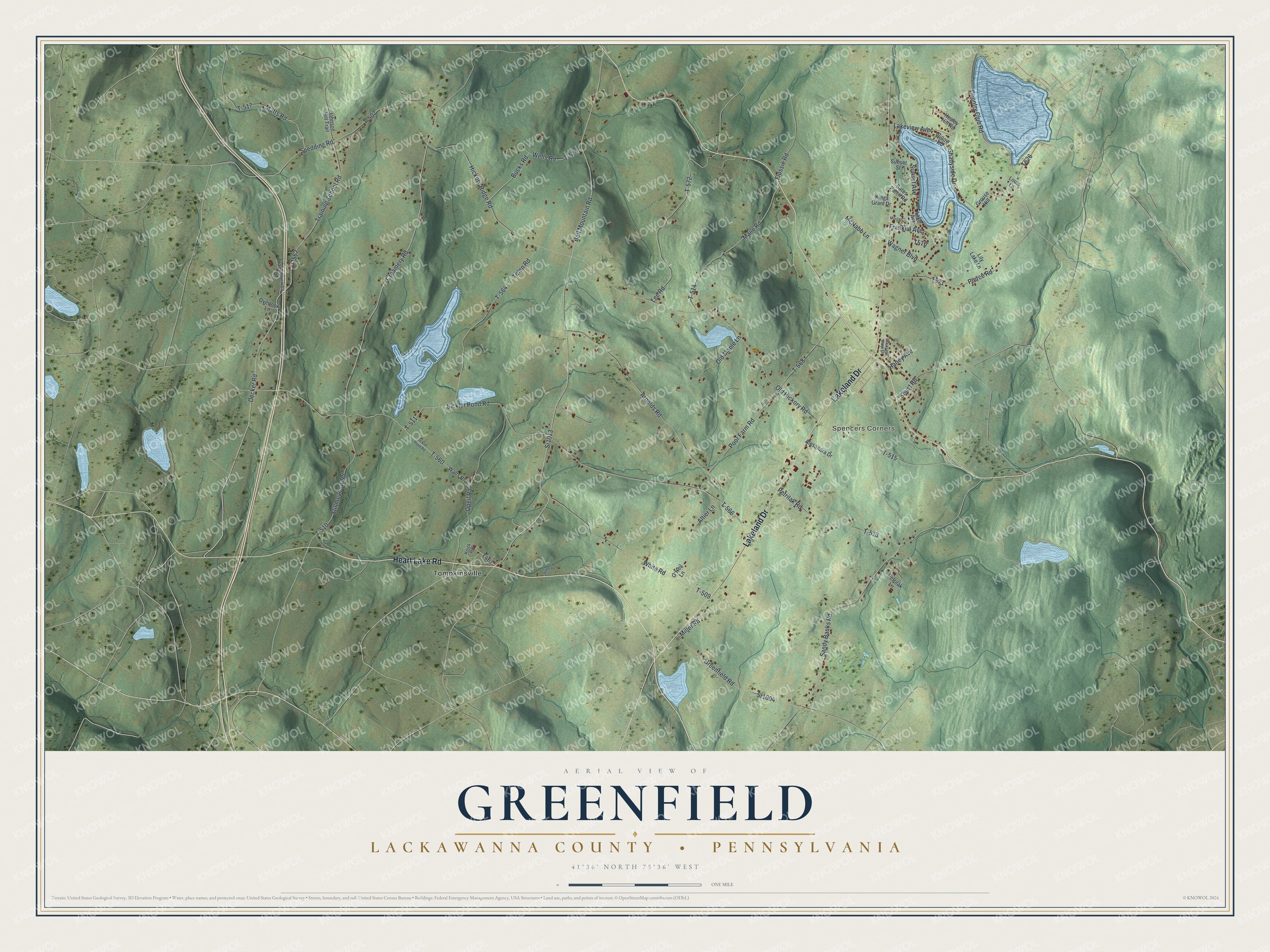 Full map of Greenfield, Lackawanna County, Pennsylvania, with red buildings, printed street names and the land around them