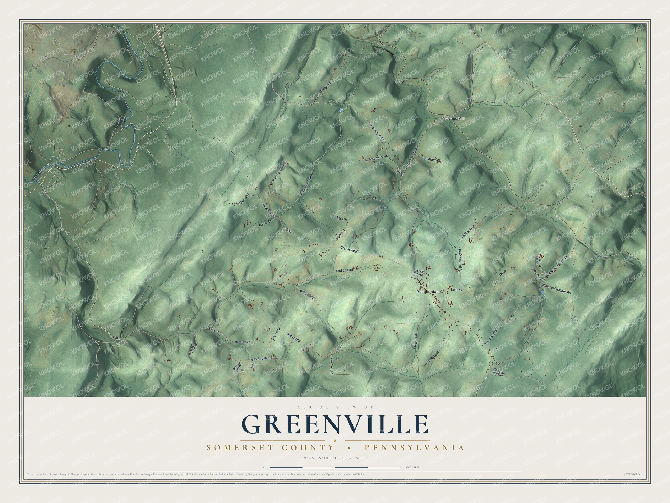 Full map of Greenville, Somerset County, Pennsylvania, with red buildings, printed street names and the land around them