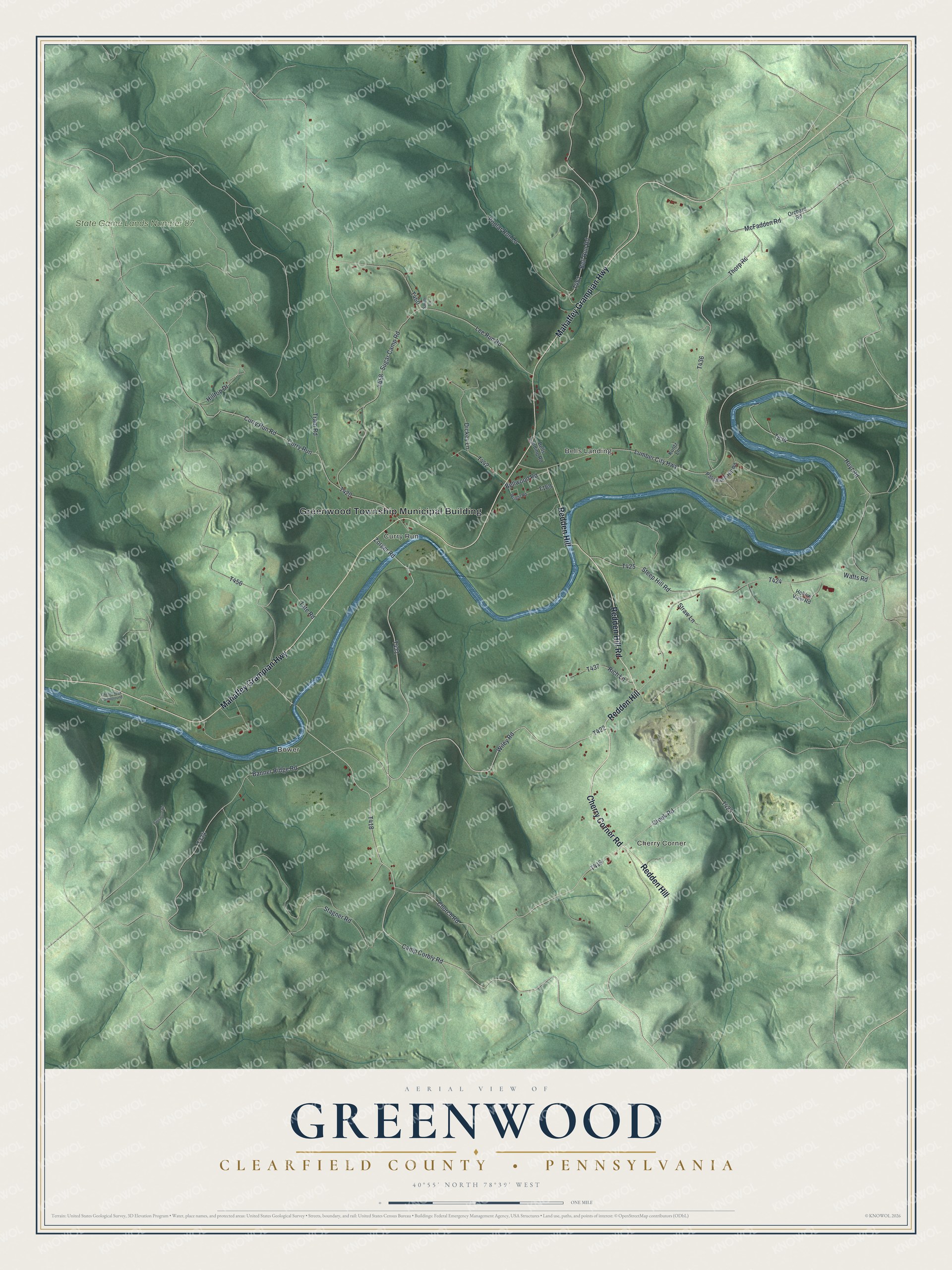 Full map of Greenwood, Clearfield County, Pennsylvania, with red buildings, printed street names and the land around them