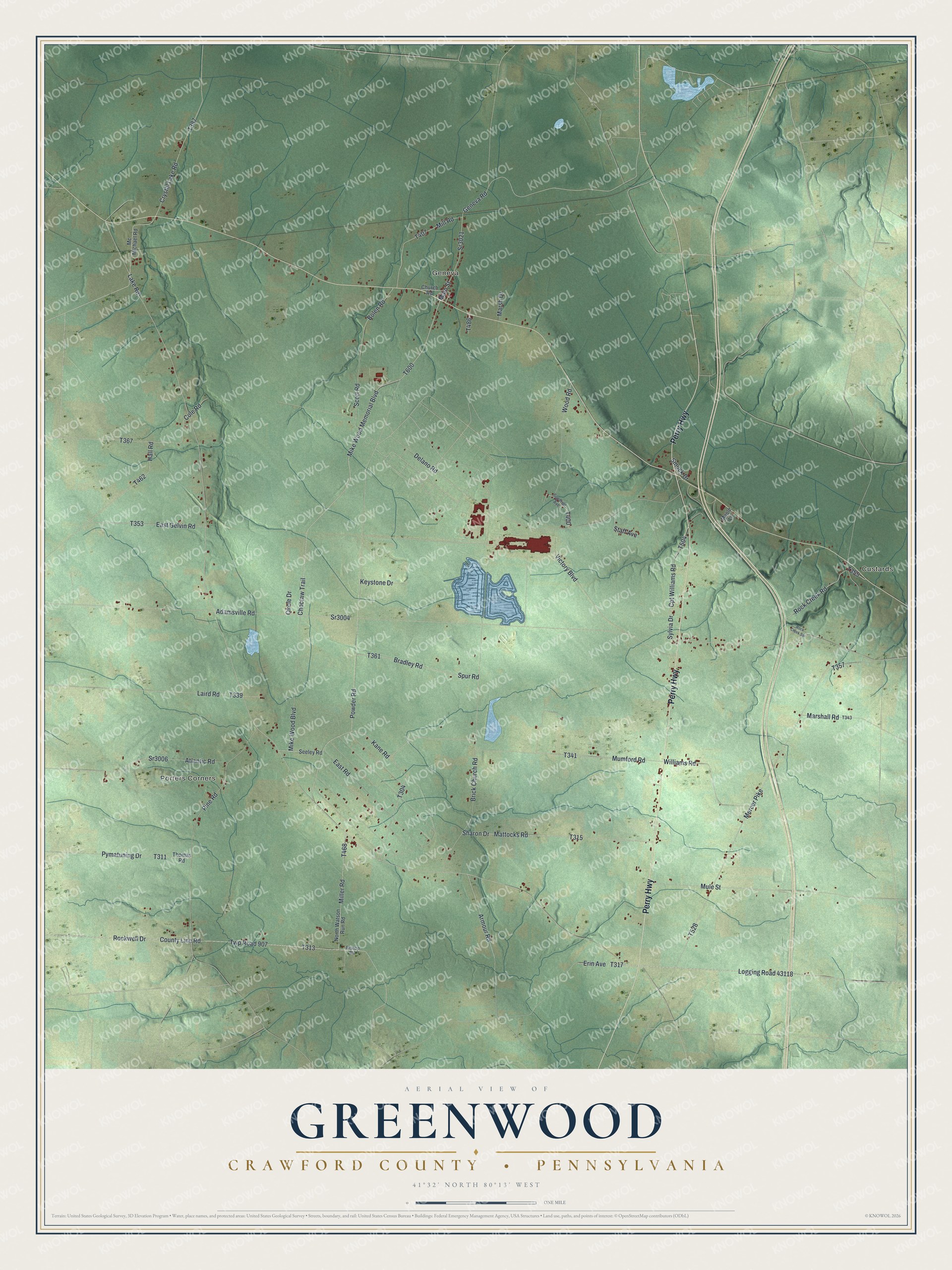 Full map of Greenwood, Crawford County, Pennsylvania, with red buildings, printed street names and the land around them