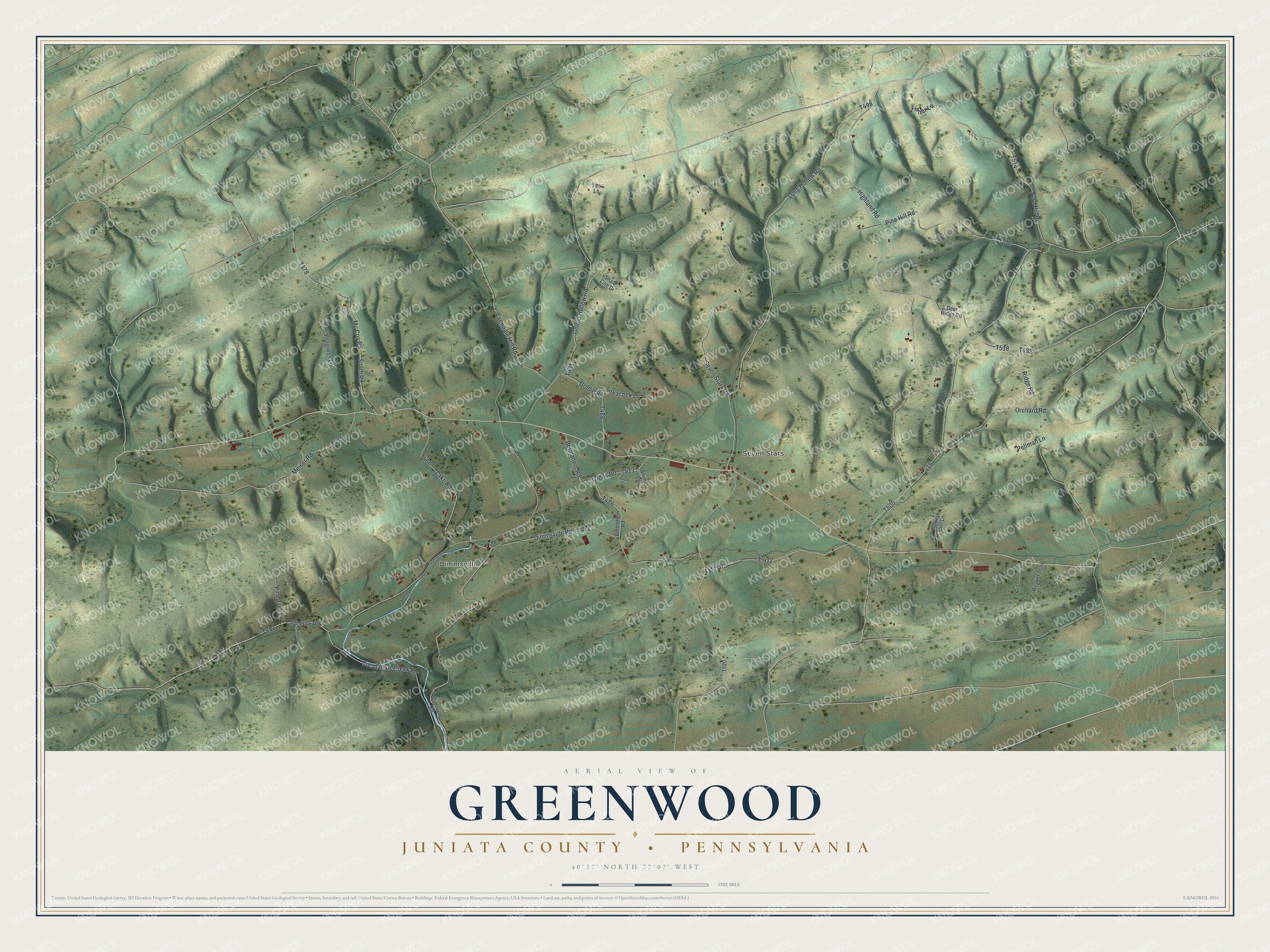 Full map of Greenwood, Juniata County, Pennsylvania, with red buildings, printed street names and the land around them