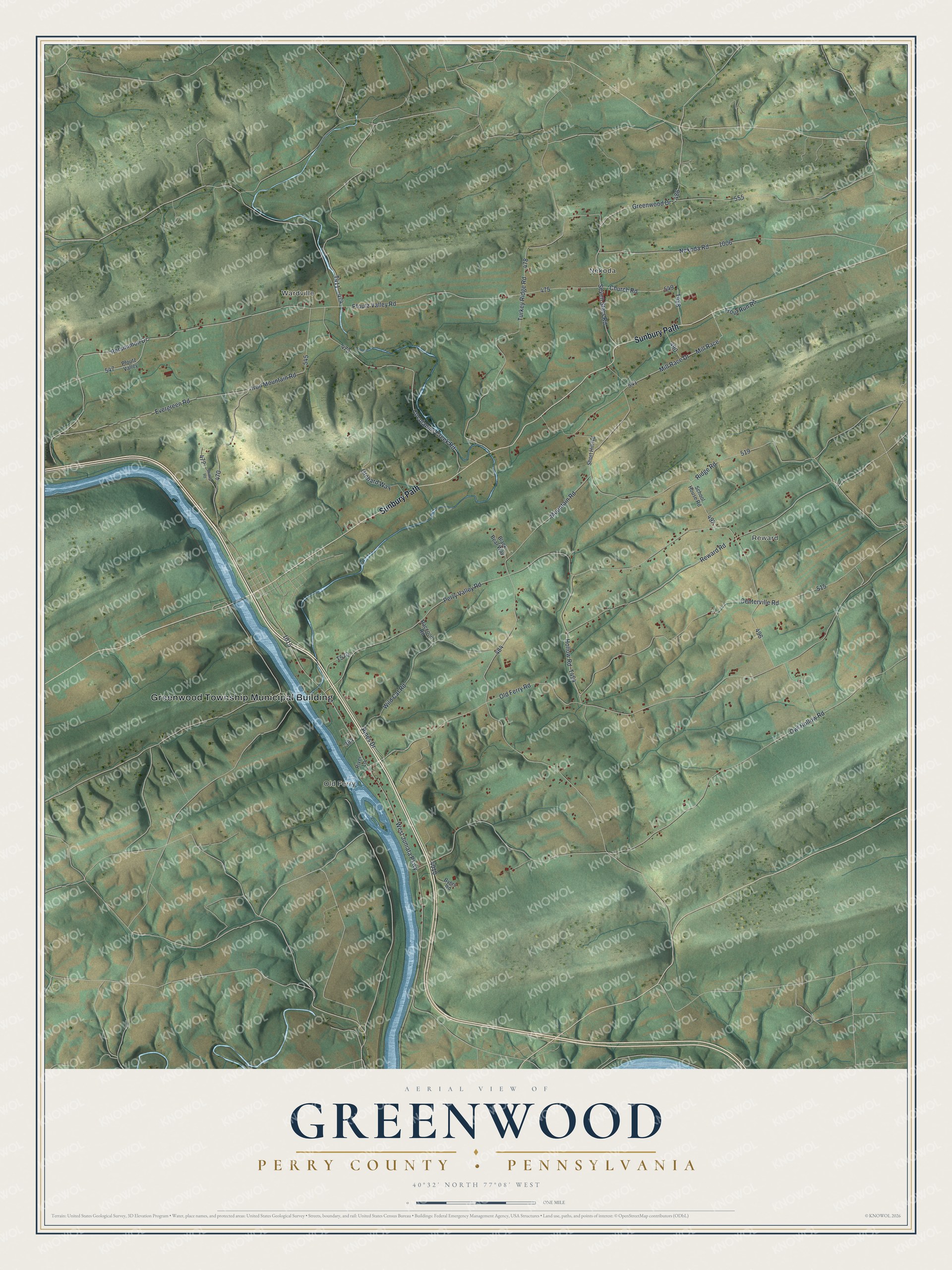 Full map of Greenwood, Perry County, Pennsylvania, with red buildings, printed street names and the land around them
