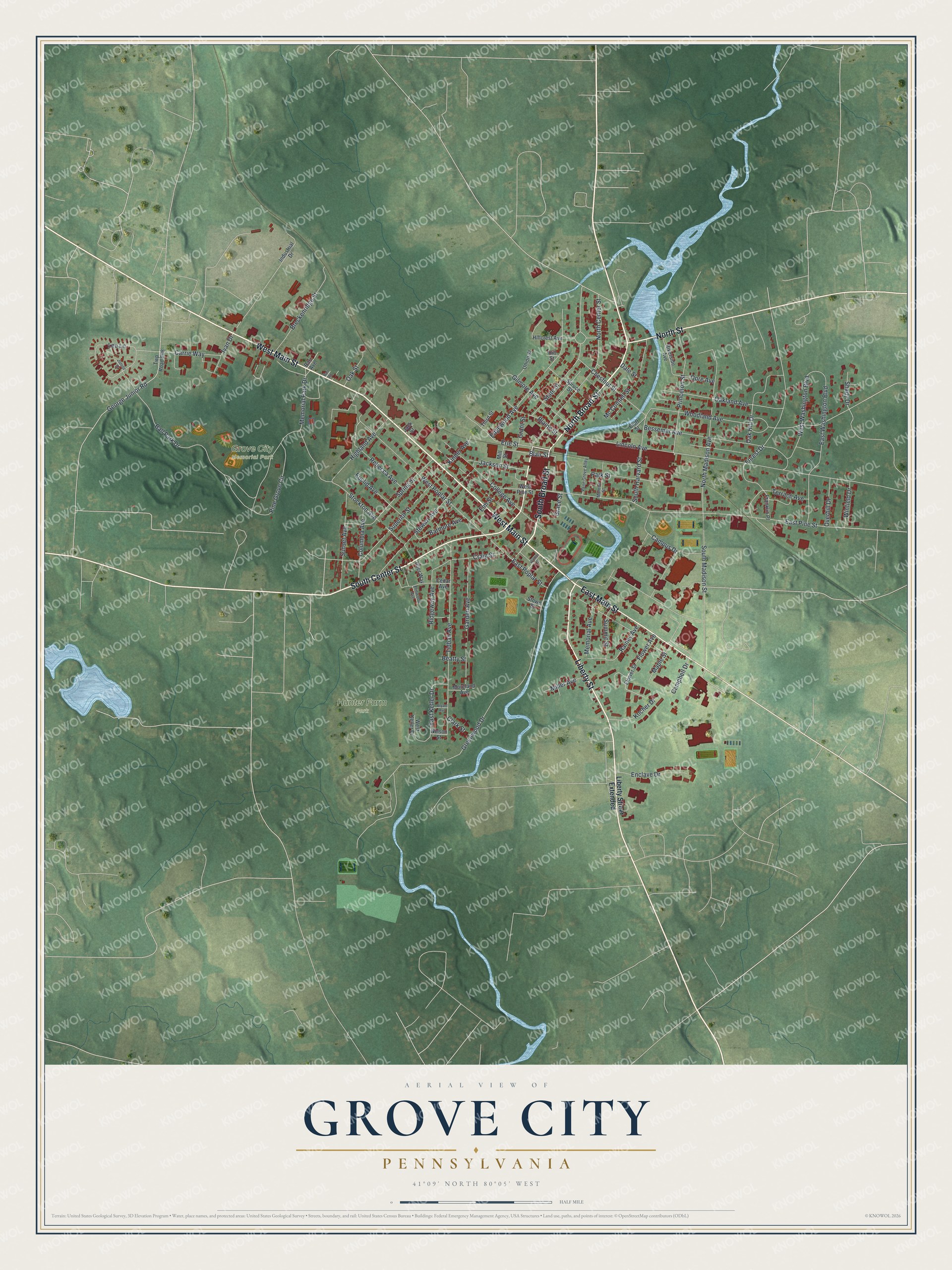 Full map of Grove City, Pennsylvania, with red buildings, printed street names and the land around them