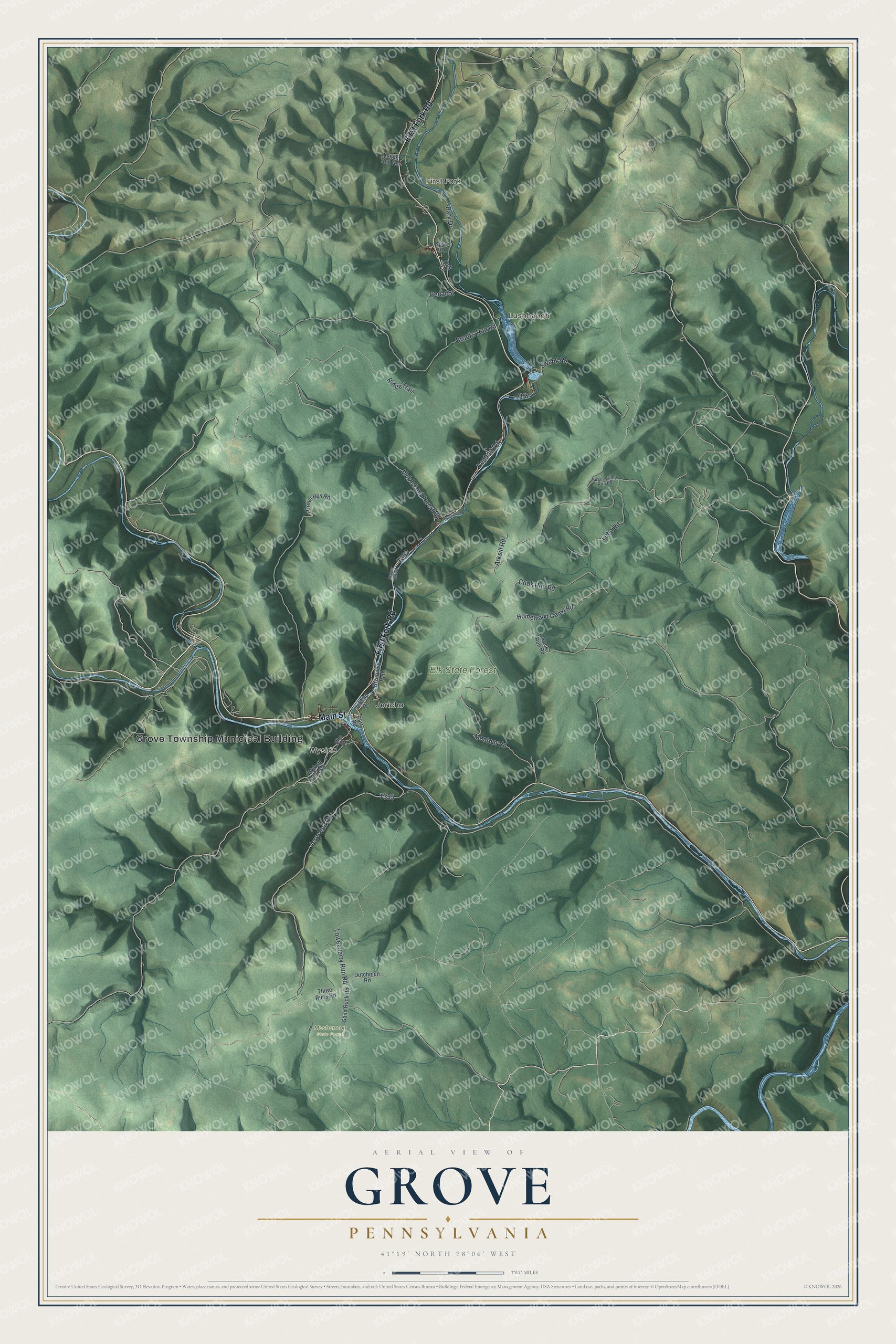 Full map of Grove, Pennsylvania, with red buildings, printed street names and the land around them