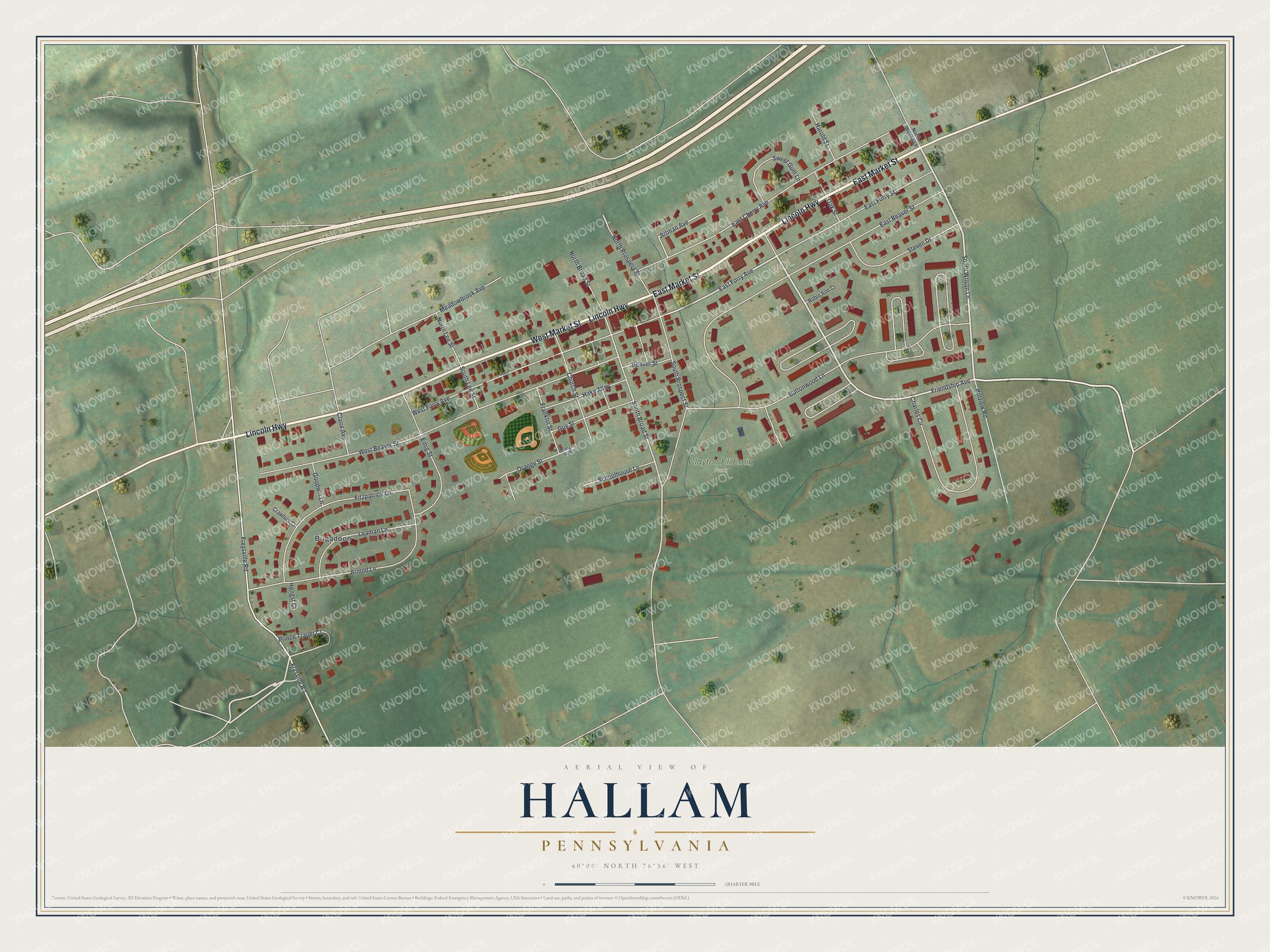 Full map of Hallam, Pennsylvania, with red buildings, printed street names and the land around them
