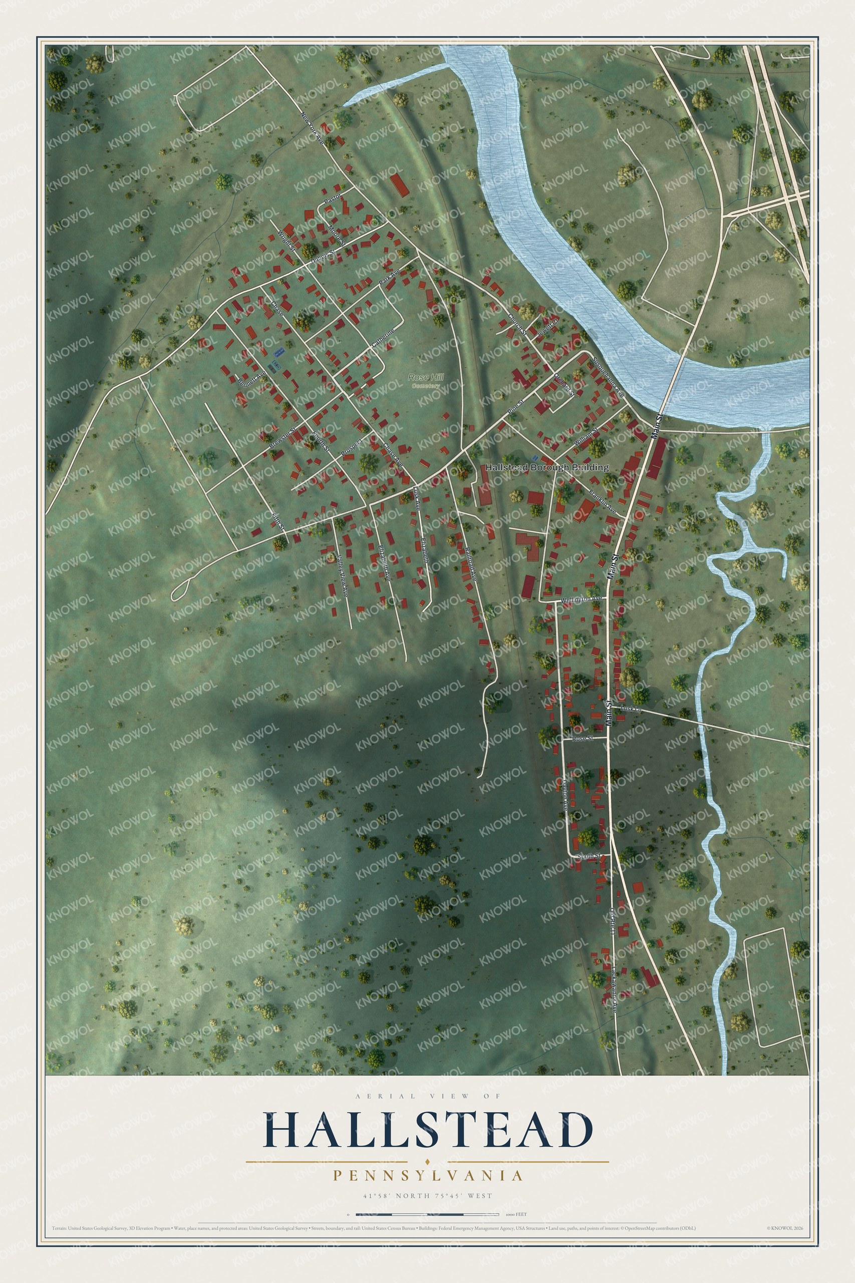 Full map of Hallstead, Pennsylvania, with red buildings, printed street names and the land around them