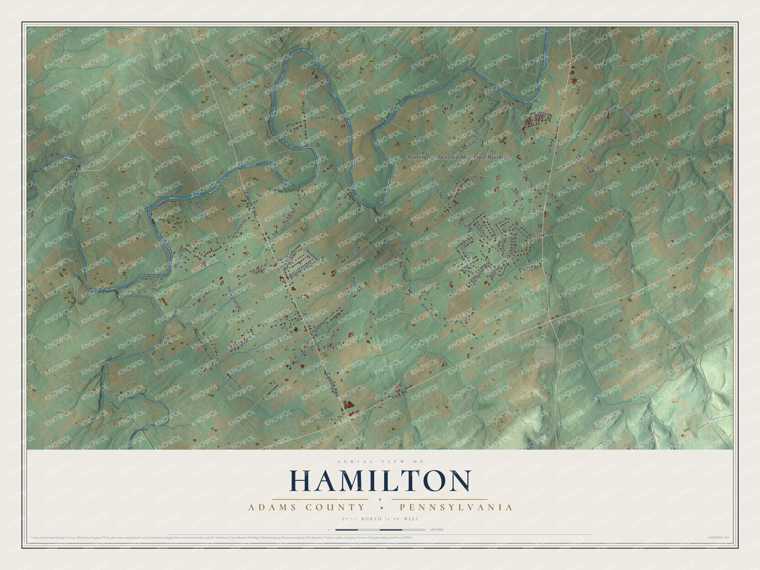 Full map of Hamilton, Adams County, Pennsylvania, with red buildings, printed street names and the land around them
